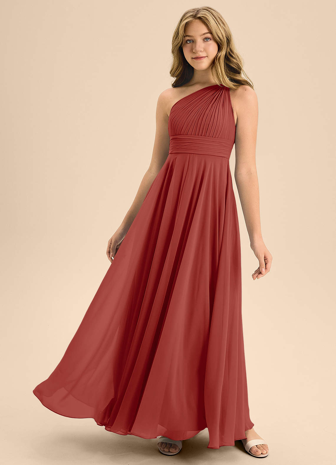 Azazie Charlize Junior A-Linie Plissee Chiffon Kleid Terrakotta image1