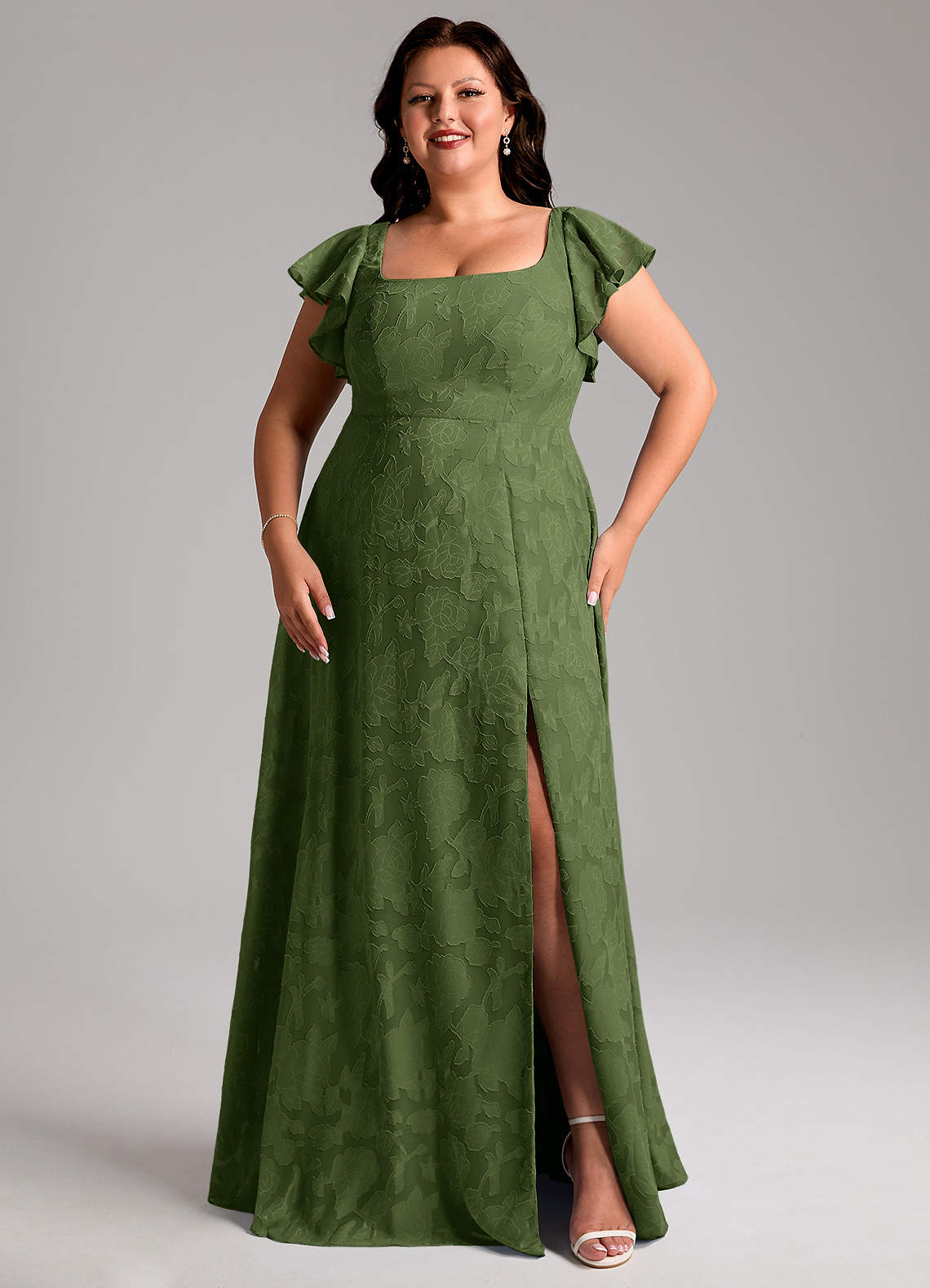 Azazie Bondi Vestidos de madrinha de casamento Vestido Oliva de Esgotamento Floral de Linha A com Fenda Lateral image9