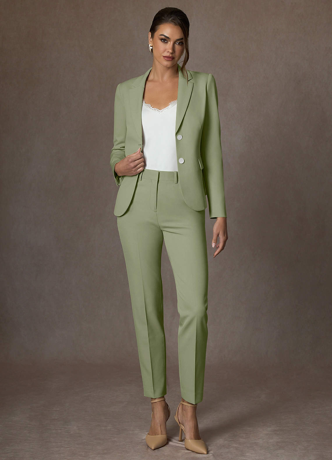 front Whitney Pistachio Structured Stretch Full Length Dress Pants