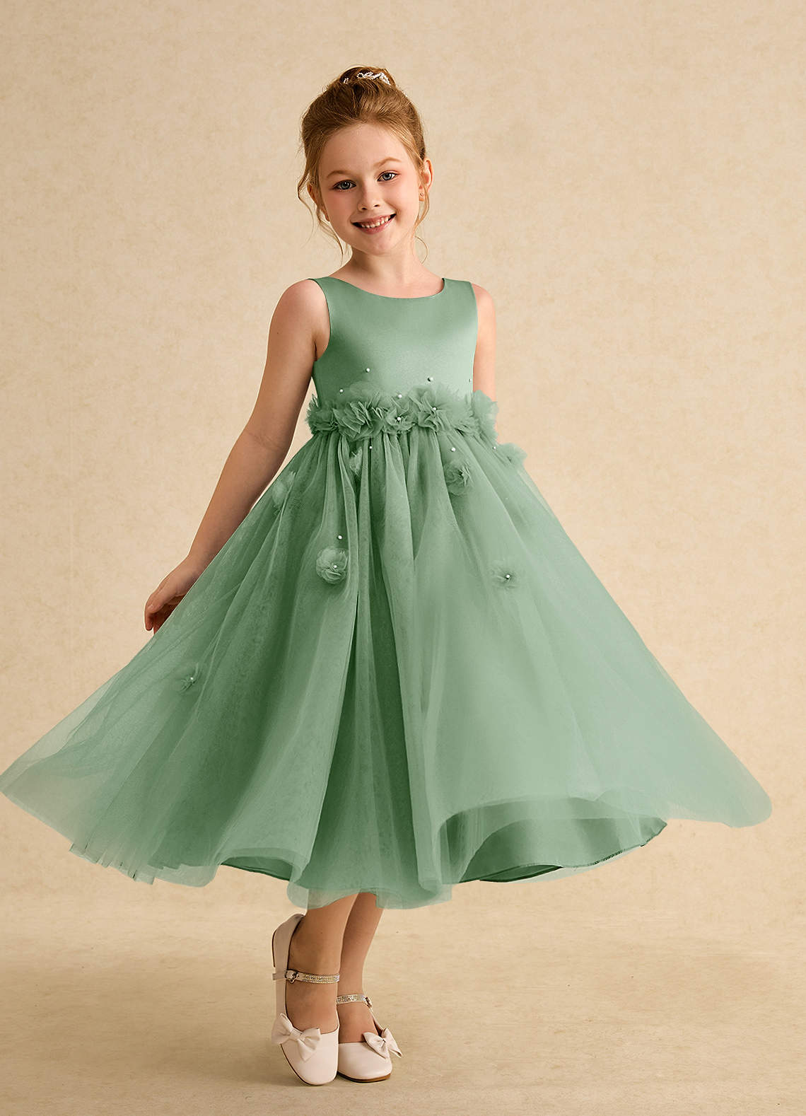 Azazie Lux Flower Girl Klänningar Klänning A-Line i Tyll Pärlstav image1