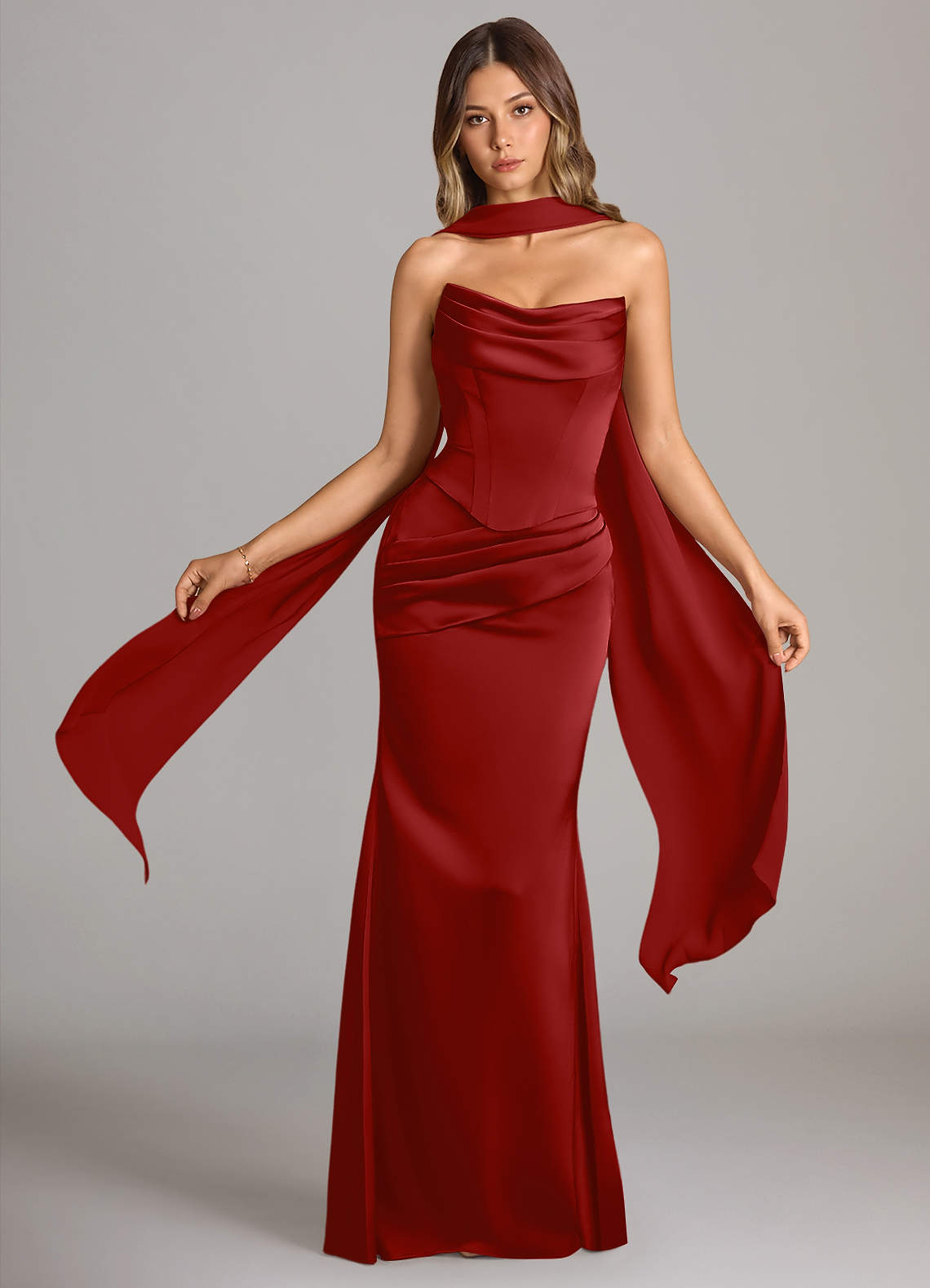 Azazie Sorrel Robes de demoiselle d'honneur Robe Sirène Convertible en Satin extensible Sans bretelle Grenade image1