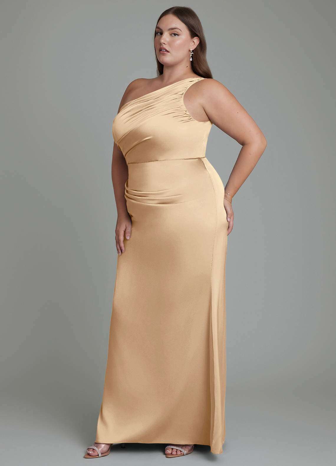 Azazie Akilah Bridesmaid Dresses Champagne Mermaid One Shoulder Stretch Satin Dress image10