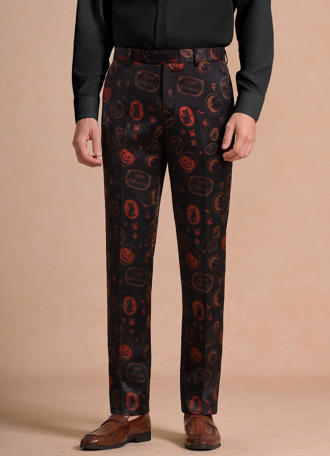 front Caleb Black Vintage Halloween Print Dress Pants