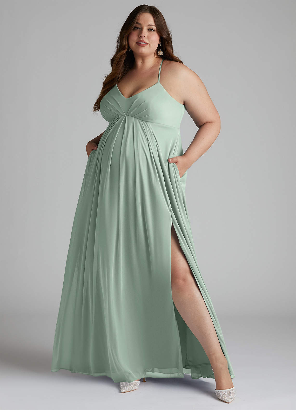 Azazie Annabelle At-home Try On Dresses A-Line V-Neck Pleated Mesh Floor-Length Dress image8