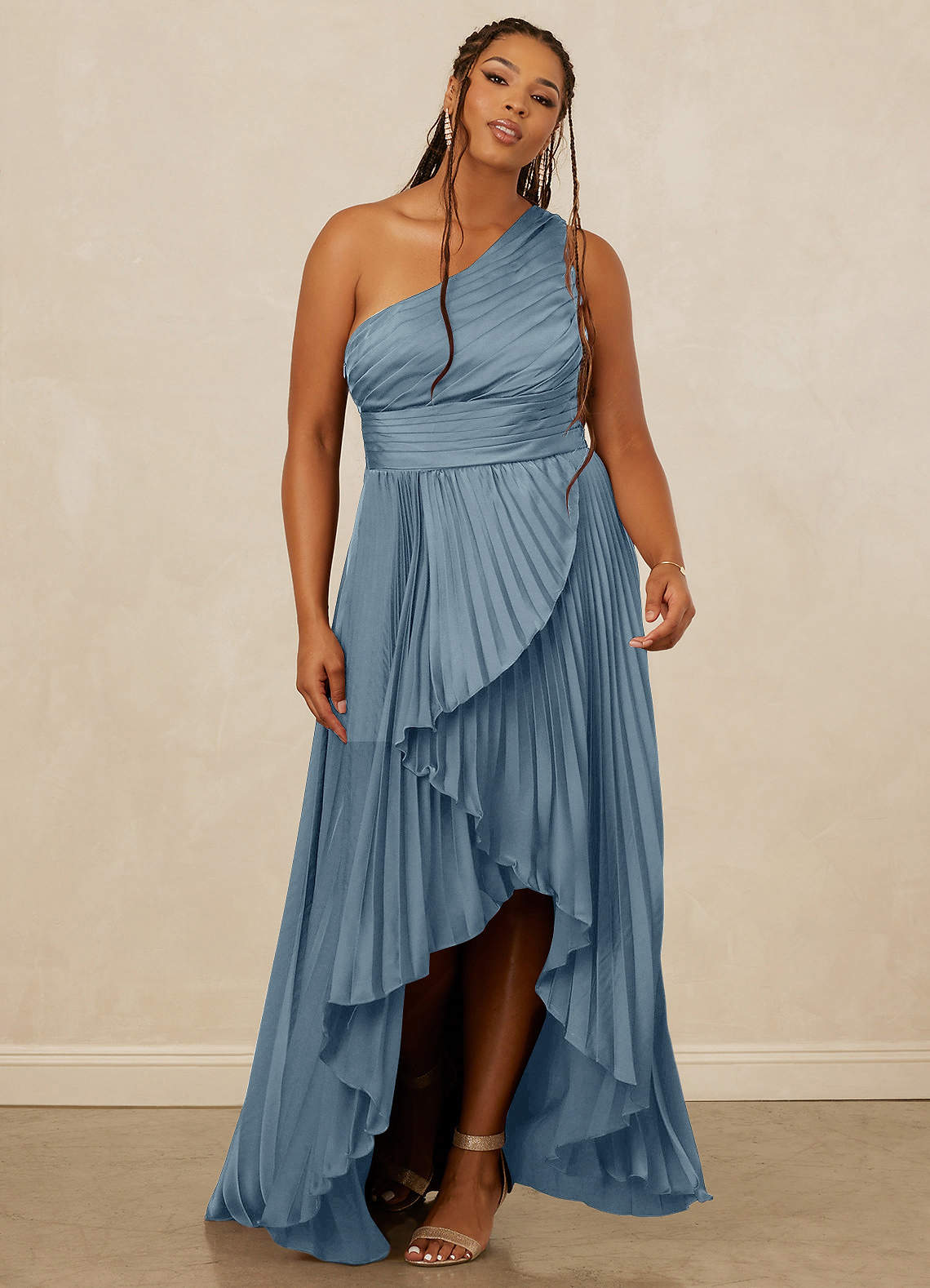 Christian Siriano Bridal for Azazie 1008 Bridesmaid Dresses Dusty Blue A-Line One Shoulder Stretch Satin Dress image1