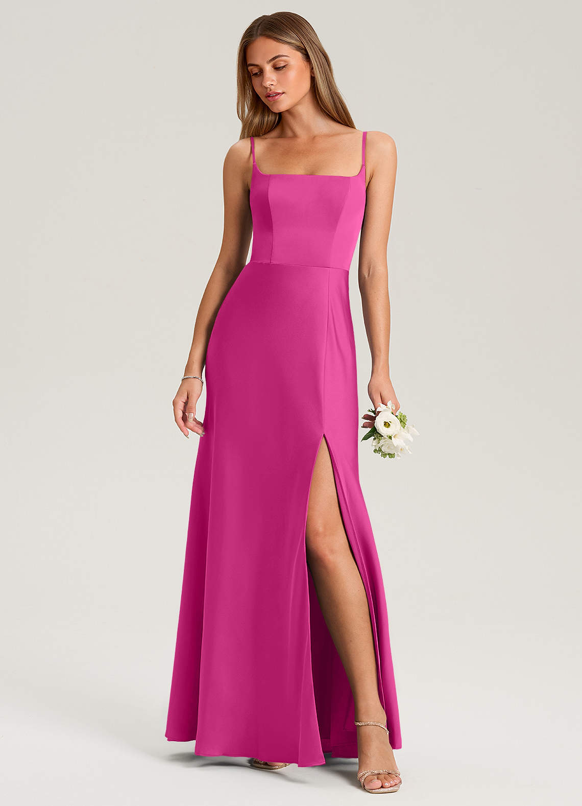 Azazie Lidia Bridesmaid Dresses Fuchsia Mermaid Side Slit Stretch Satin Dress image1