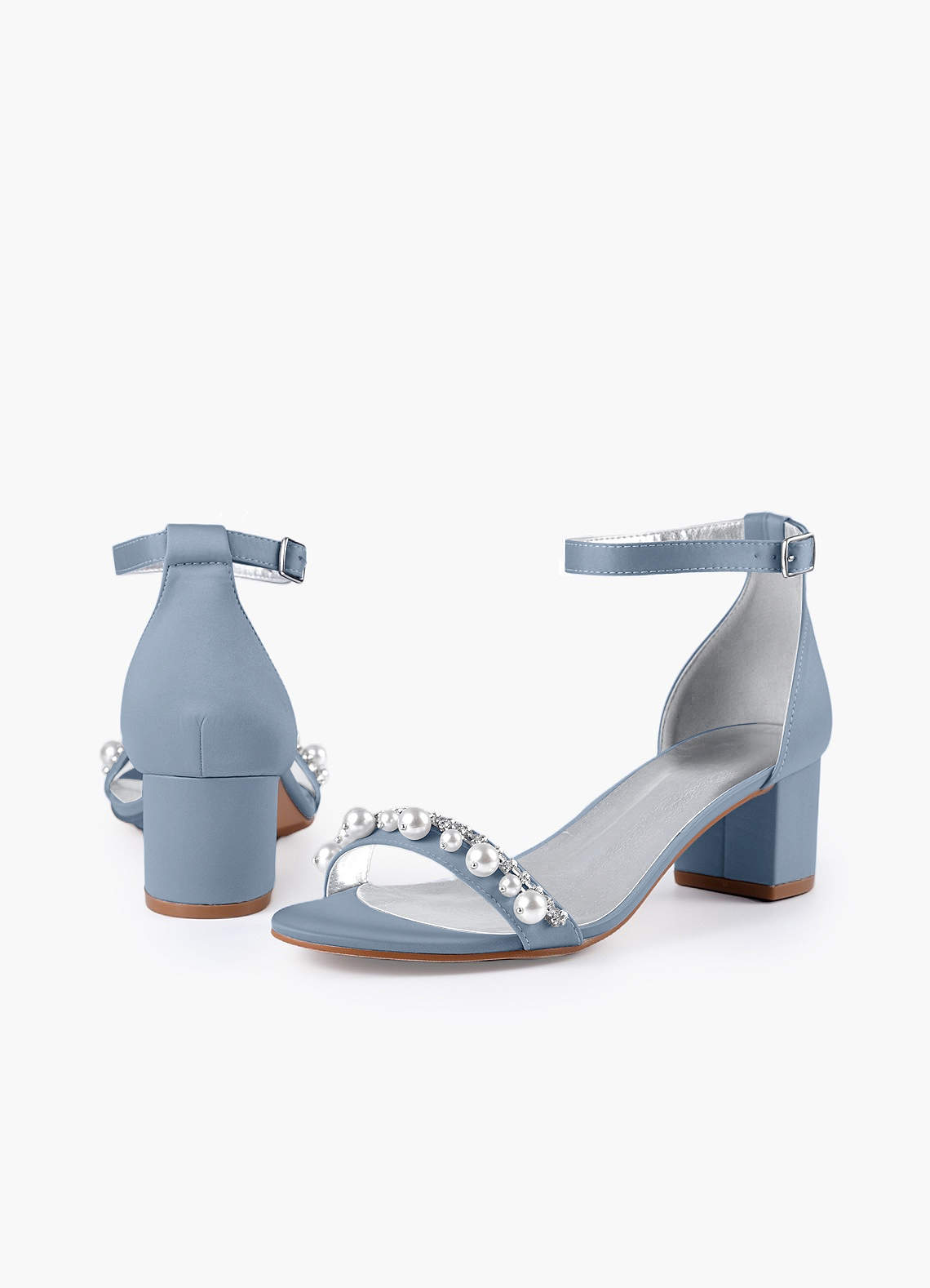 front Matching Color Matte Satin Pearl and Rhinestone Block Heel Sandals