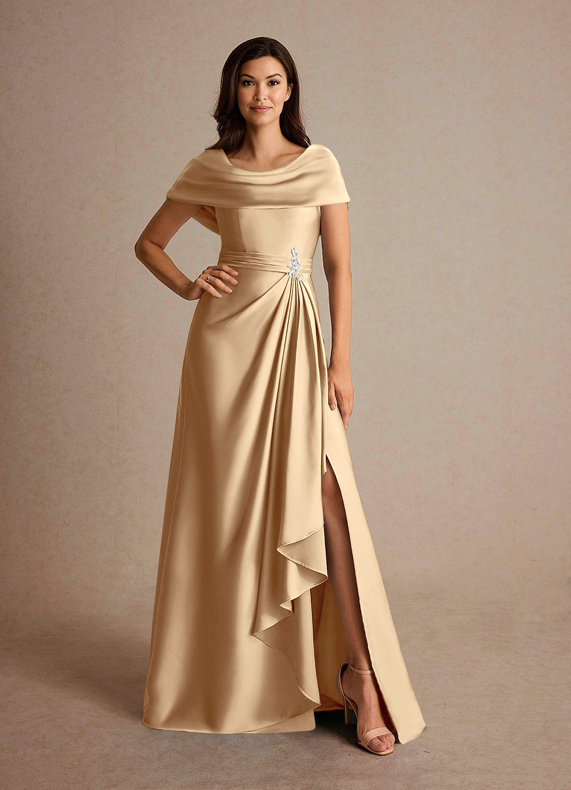 Azazie Branford Mother of the Bride Dresses Champagne A-Line Pleated Stretch Satin Dress image4