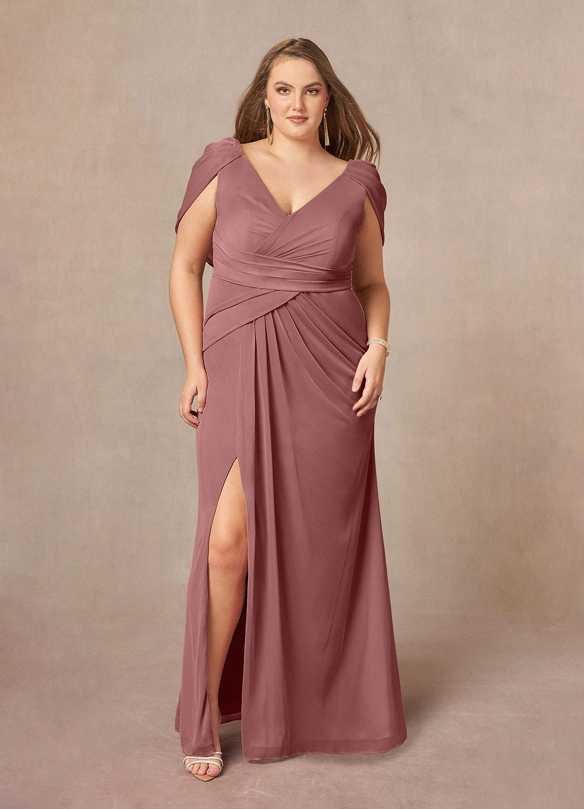 Azazie Luisa Mother of the Bride Dresses Desert Rose Mermaid V-Neck Pleated Mesh Dress image1
