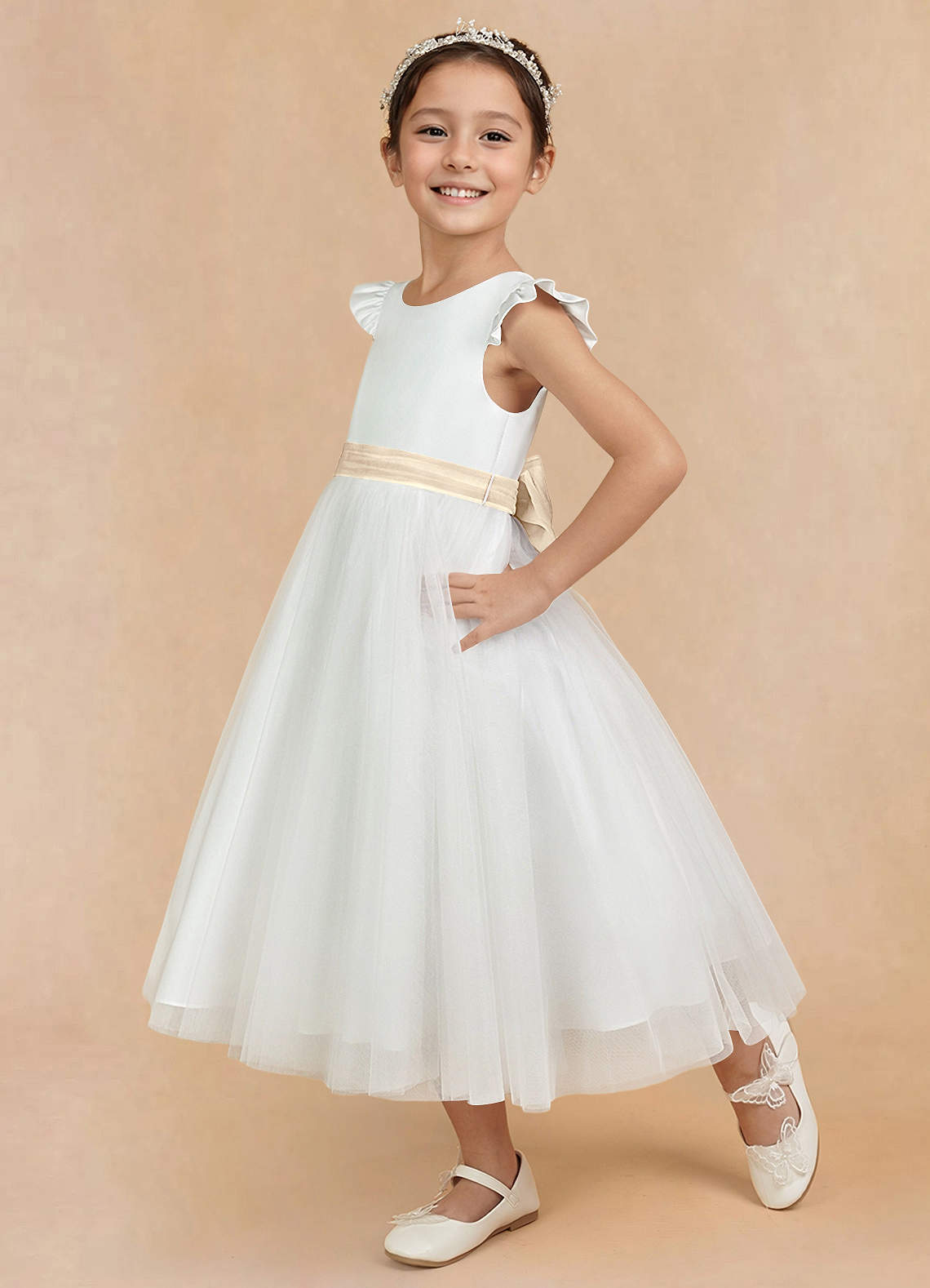 Azazie Hemi Flower Girl Dresses Ivory Champagne A-Line Bow Tulle Dress image3