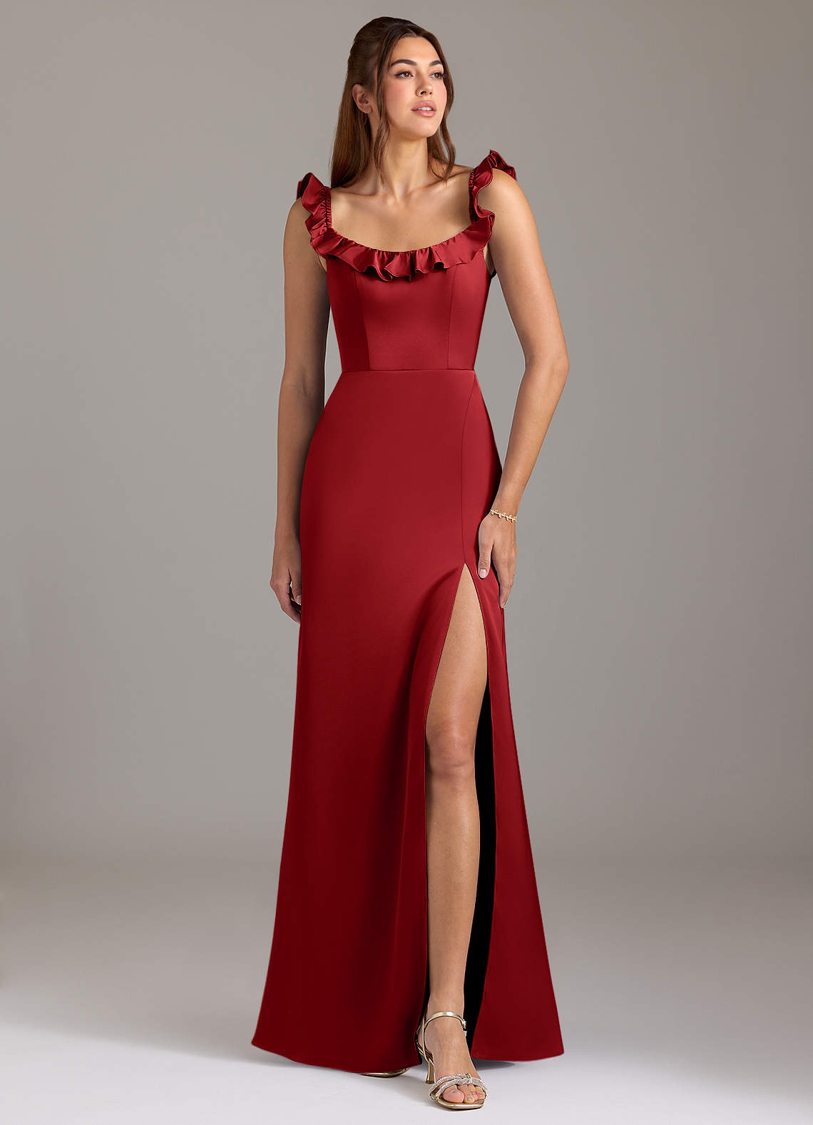 Azazie Callie Bridesmaid Dresses Pomegranate A-Line Ruched Stretch Satin Convertible Dress image1