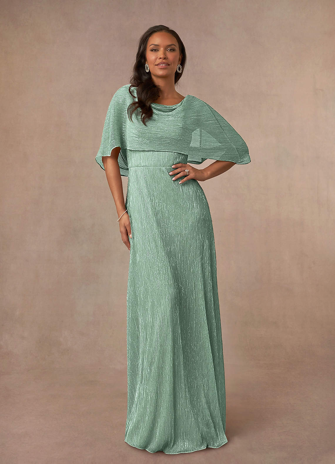 Azazie Loretta At-home Try On Dresses Aquamarine A-Line Cowl Cape Metallic Mesh Dress image1