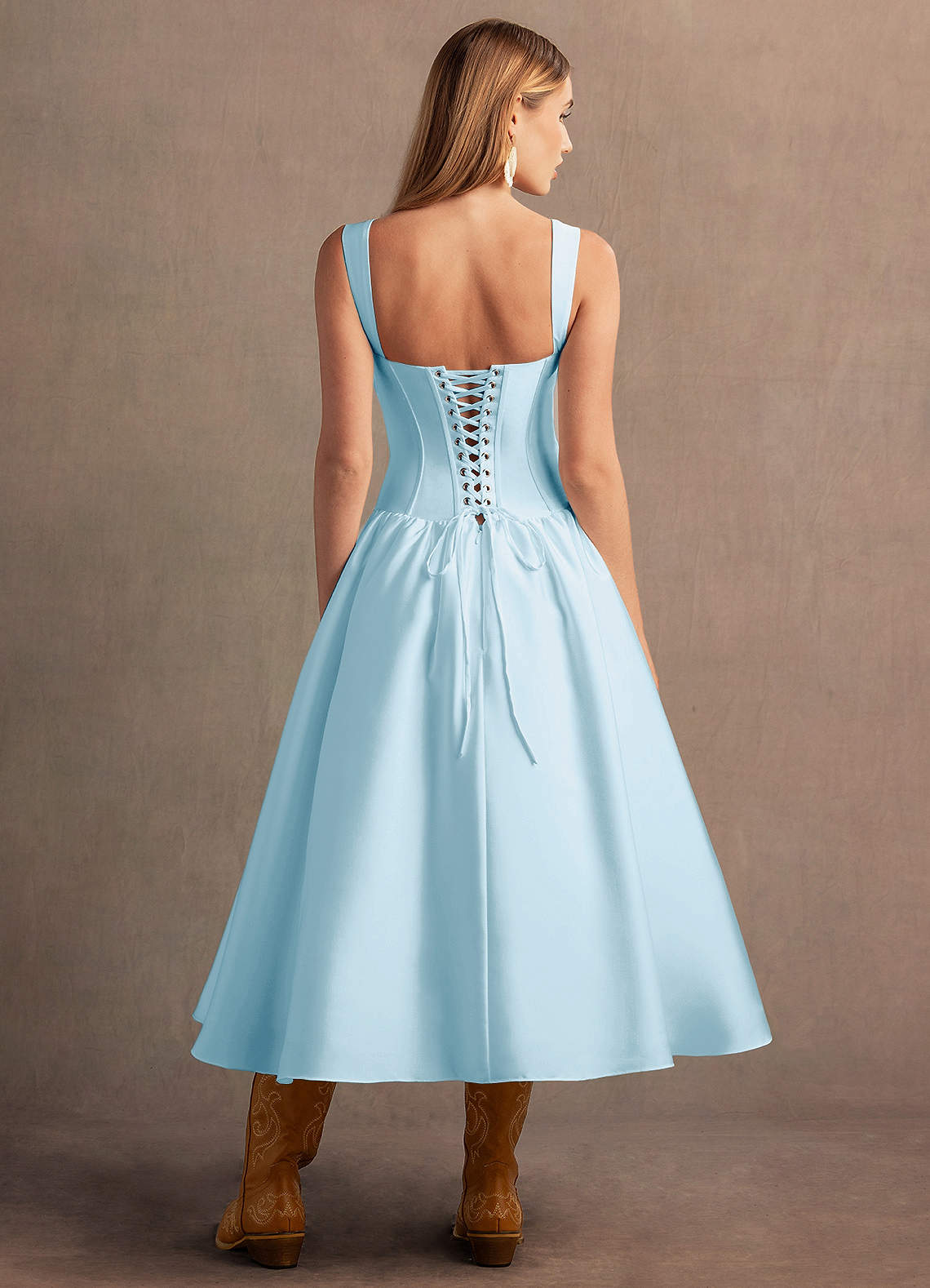 Arwen Sky Blue Dropped Waist Midi Dress | Azazie DE