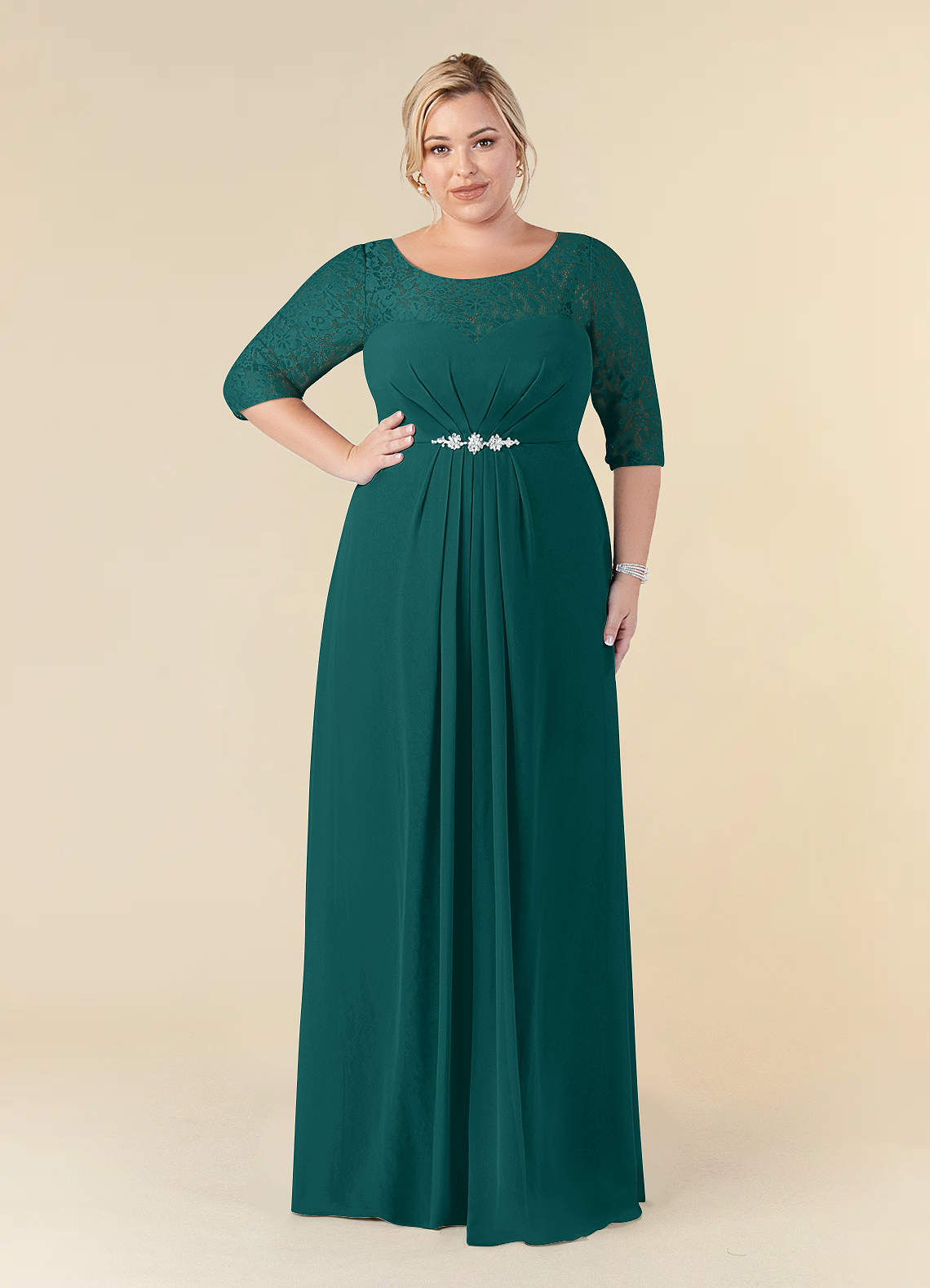 Illusion Neckline Half Sleeve Chiffon Dress Peacock Plus Size main image 1