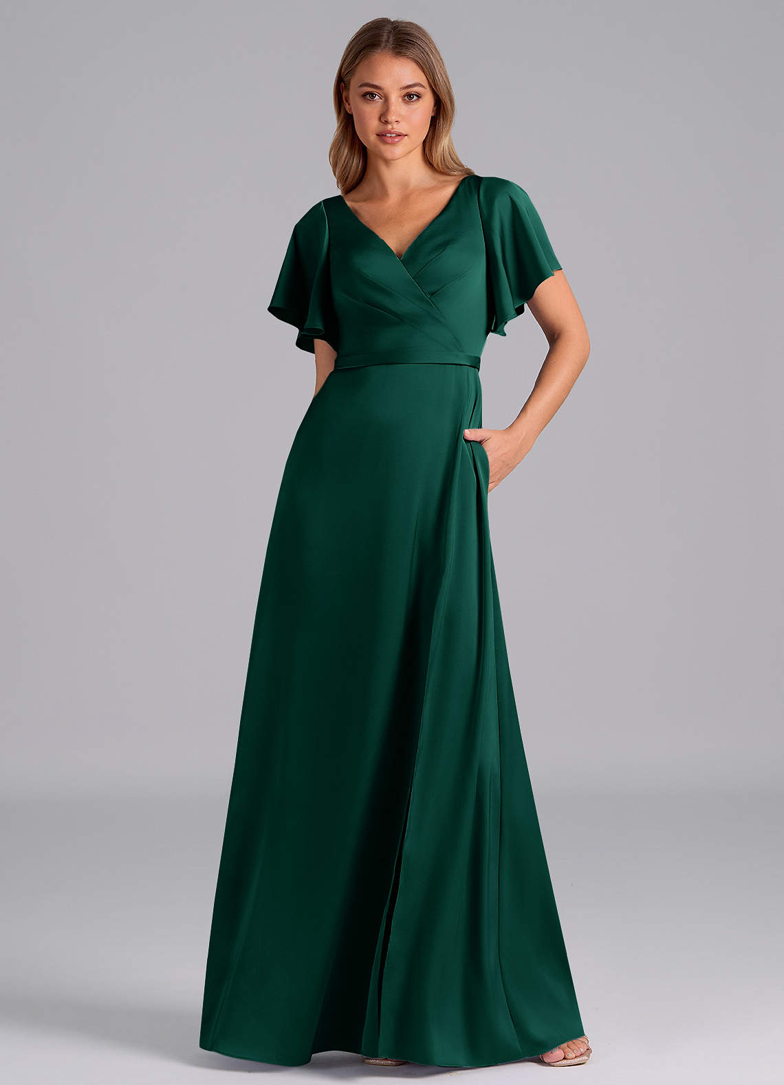 bridesmaid ombre dresses Long Hunter Green Satin Puffy Sleeves Dress – alinanova main image 0