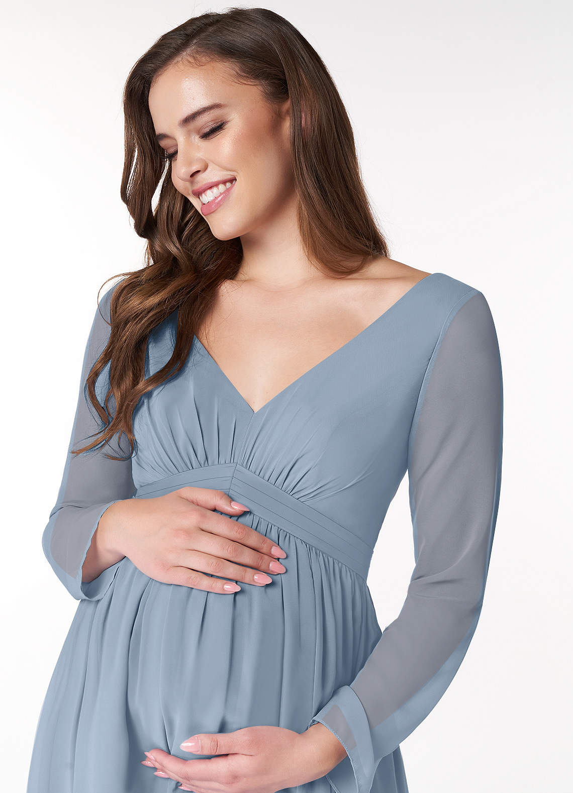 Azazie Teton Maternity Bridesmaid Dresses A-Line Long Sleeve Chiffon Floor-Length Dress image4