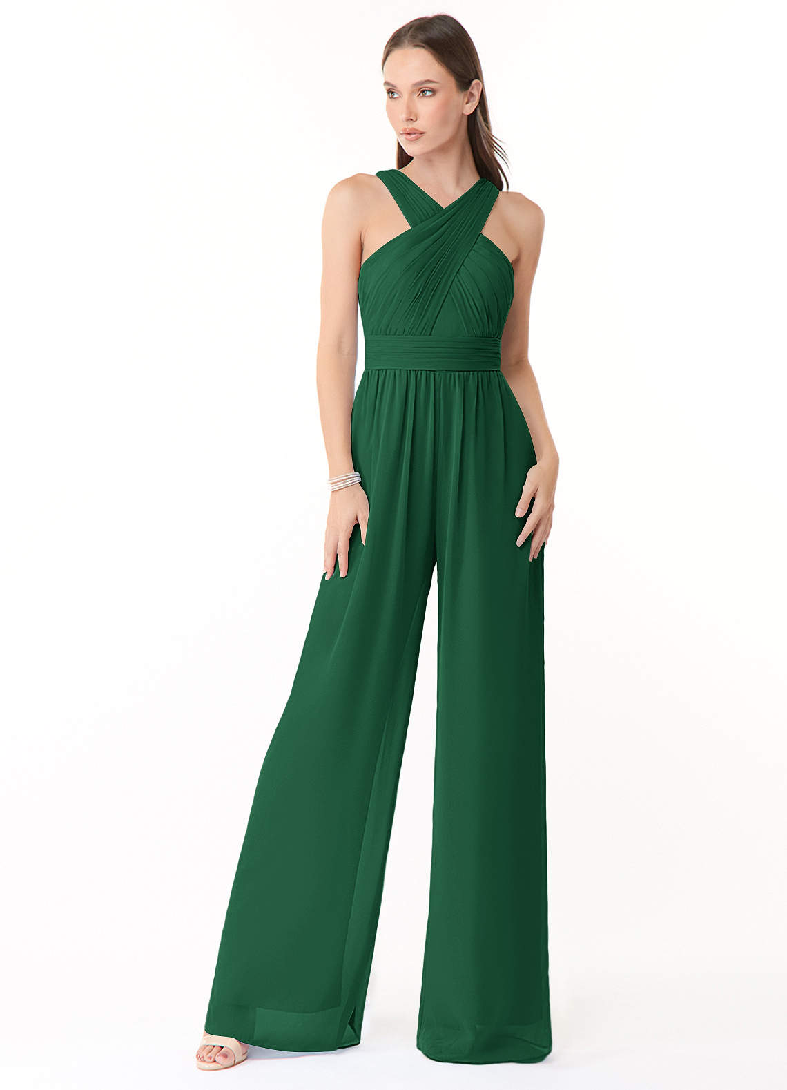 Azazie Berdie Bridesmaid Dresses Dark Green Halter Chiffon Jumpsuit image1