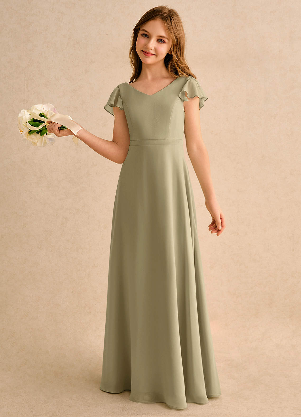 Azazie Nari Girls Formal Moss Green A-Line with Sleeves Chiffon Dress |  Azazie UK