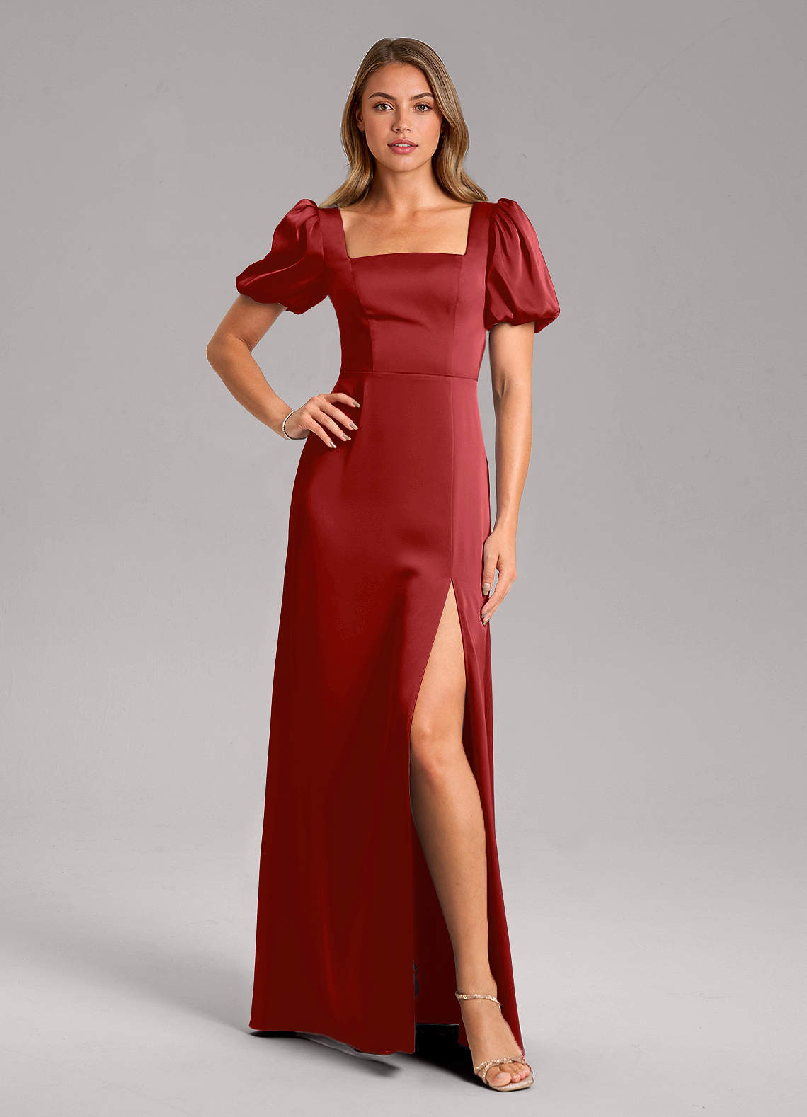 Azazie Fyona Bridesmaid Dresses Pomegranate A-Line Pleated Stretch Satin Dress image1
