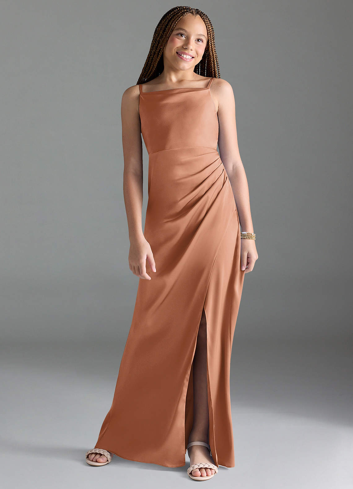 Azazie Leonis Junior Bronzer A-Line Pleated Stretch Satin Dress image1