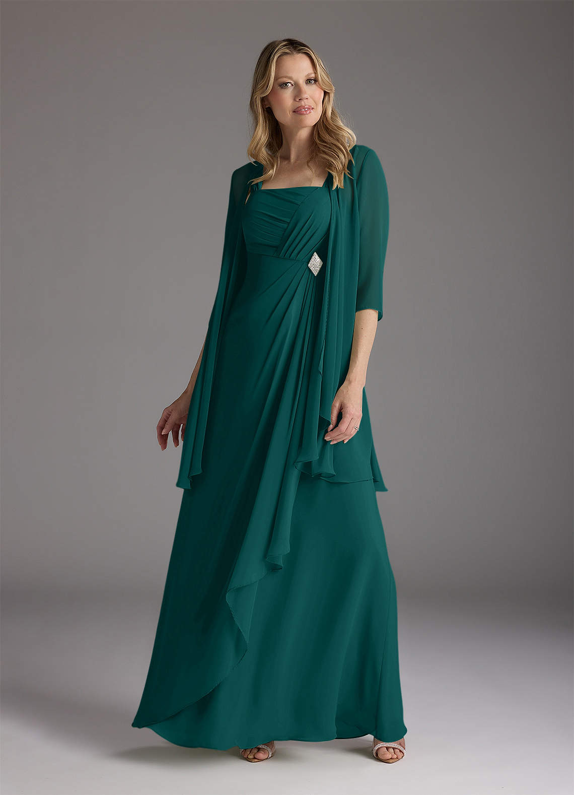 Azazie Weisz Mother of the Bride Dresses Peacock A-Line Square Neckline Pleated Chiffon Dress image1