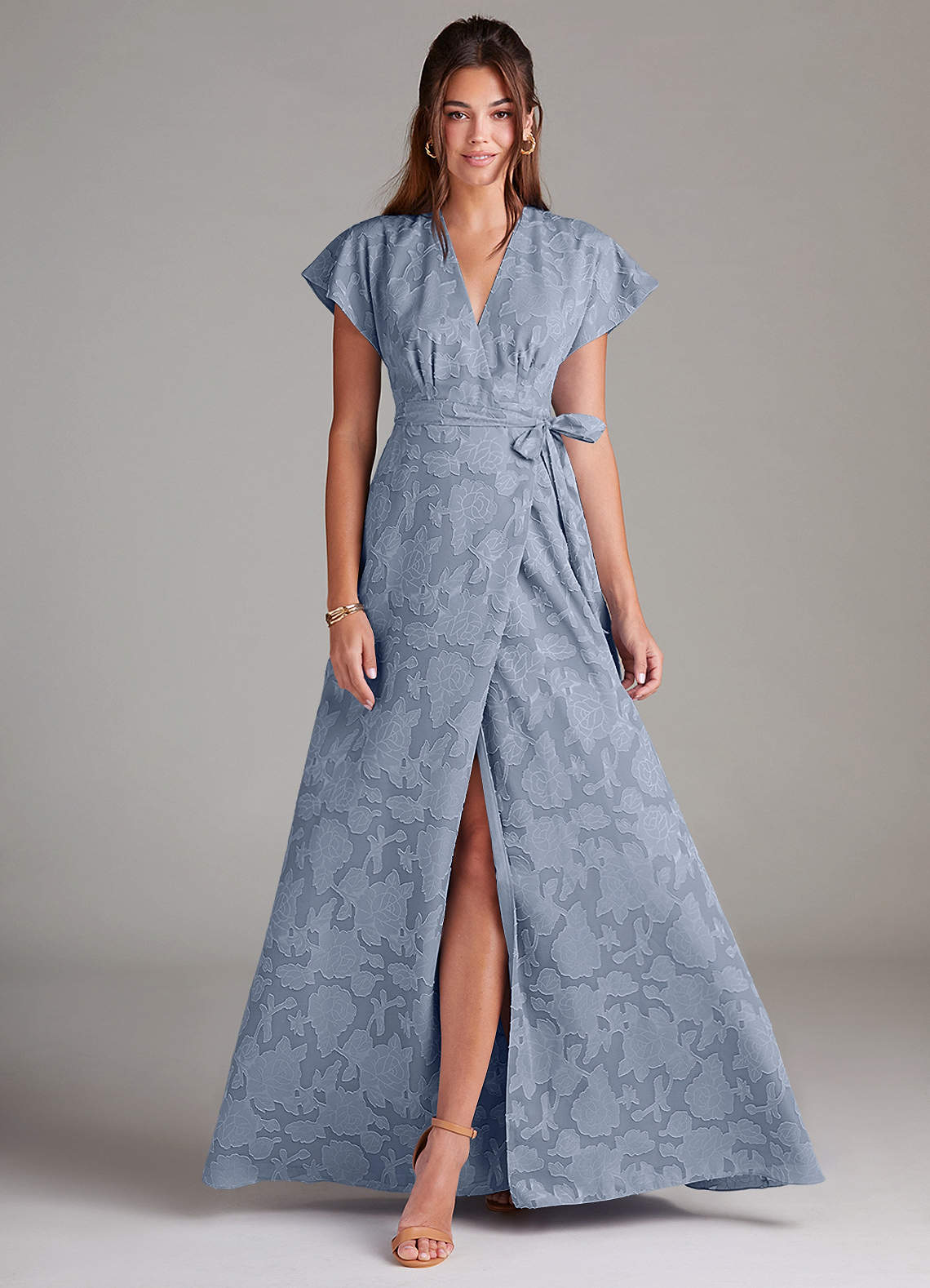Azazie Ling Bridesmaid Dresses Dusty Blue A-Line Pleated Floral Burnout Dress image1