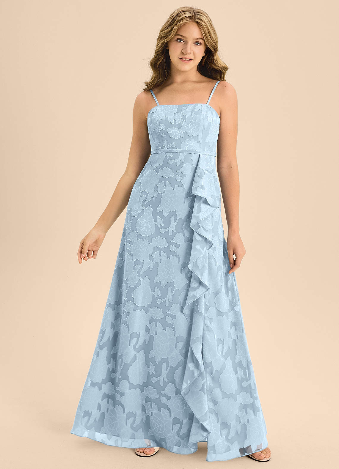 Azazie Kaylee Junior Vestido de Azul Cielo de Devorado Floral de Corte En A con Con cinturón image3