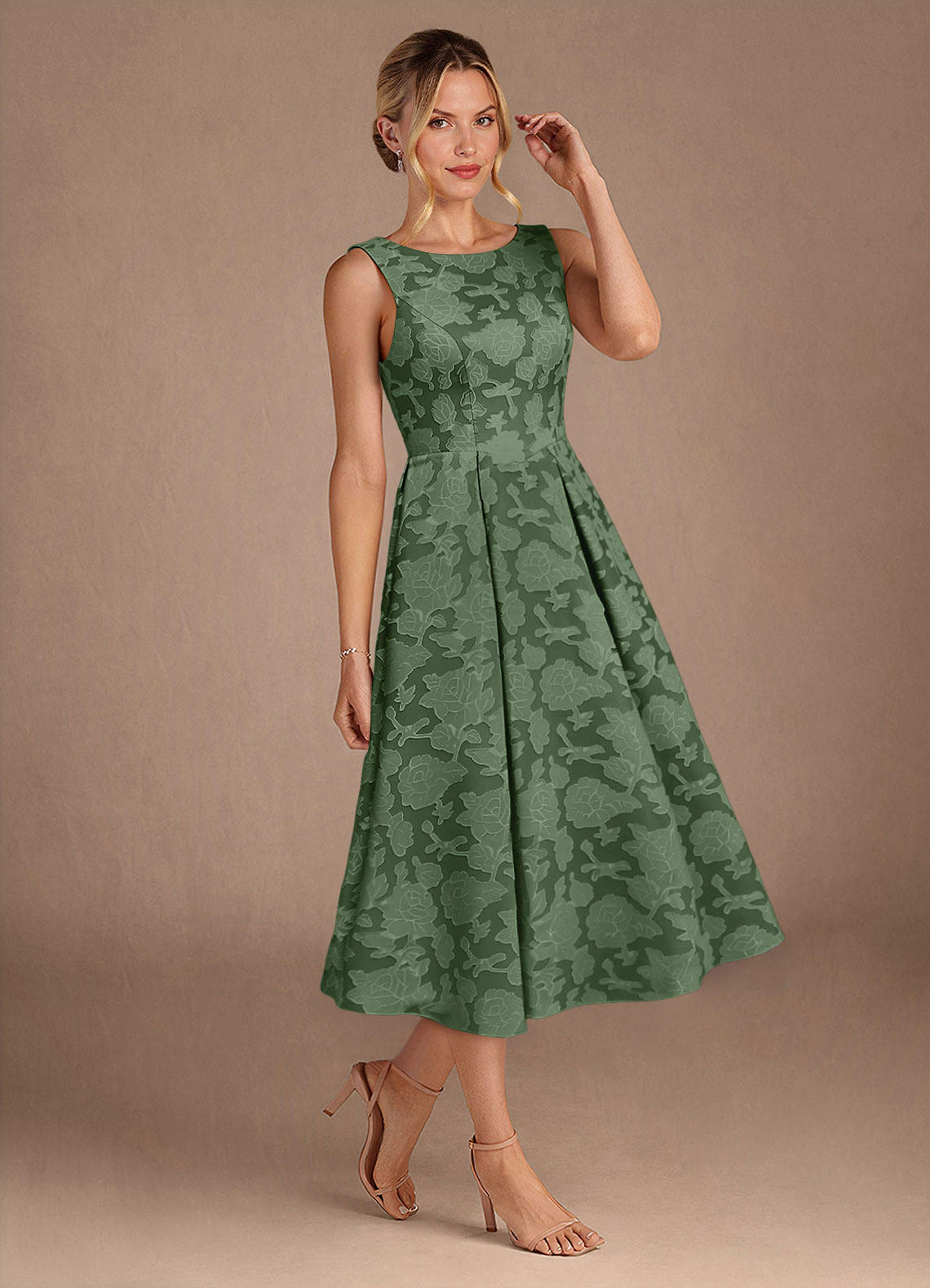 Azazie Fulton Vestidos para mãe da noiva Vestido Eucalipto de Esgotamento Floral de Linha A com Plissado image1