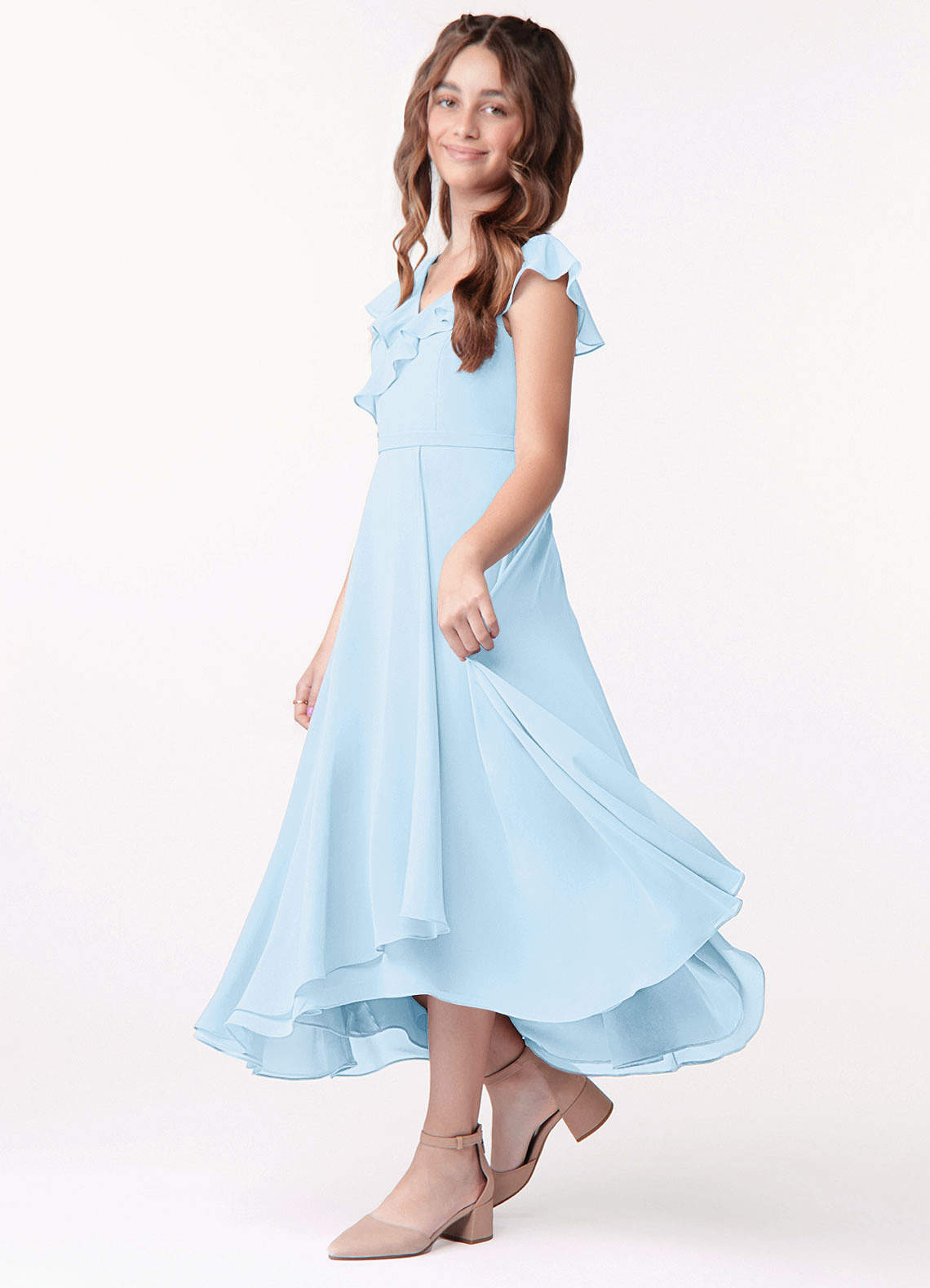 Azazie Posie Junior Sky Blue A-Line Ruched Chiffon Dress image1