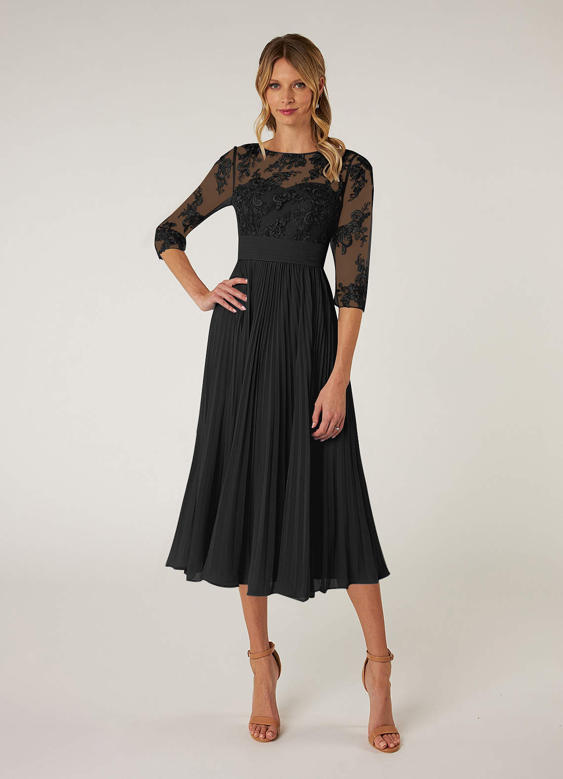 Azazie Tutu Kleider für die Brautmutter A-Linie Bootshals Spitze Chiffon Kleid Schwarz image1