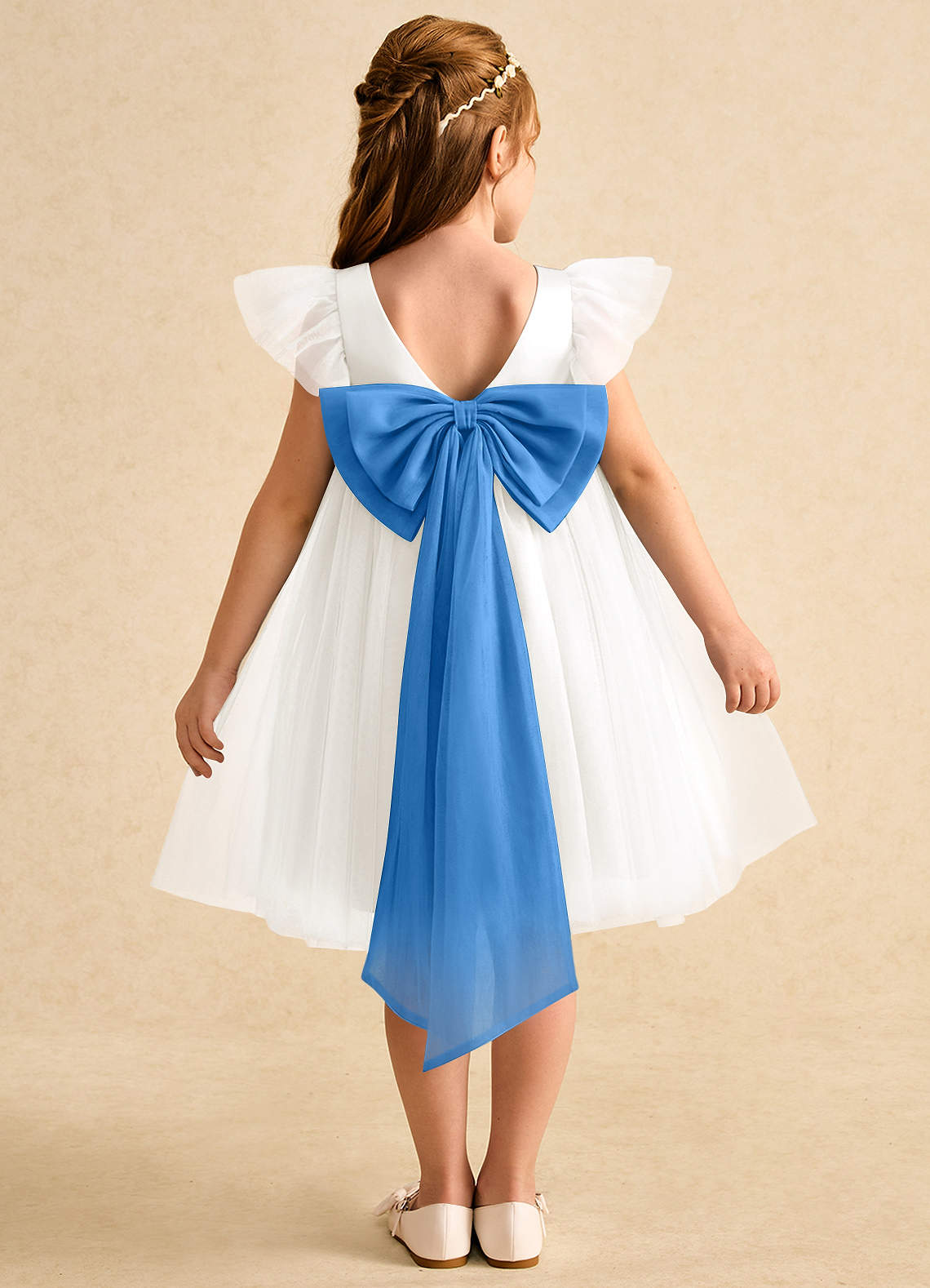 Azazie Munchkin Blumenmädchenkleider A-Linie Schleifen Tüll Kleid Elfenbein Blauhäher image1