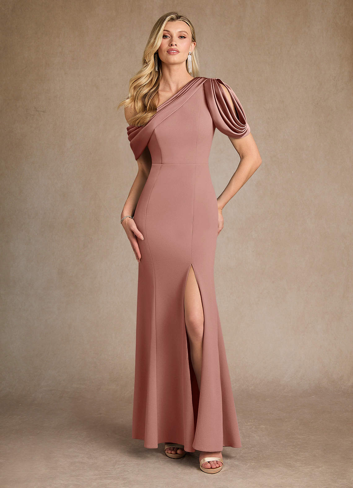 Azazie Paris Kleider für die Brautmutter Meerjungfrau-Linie Plissee Stretch-Krepp Kleid Altrosa image1
