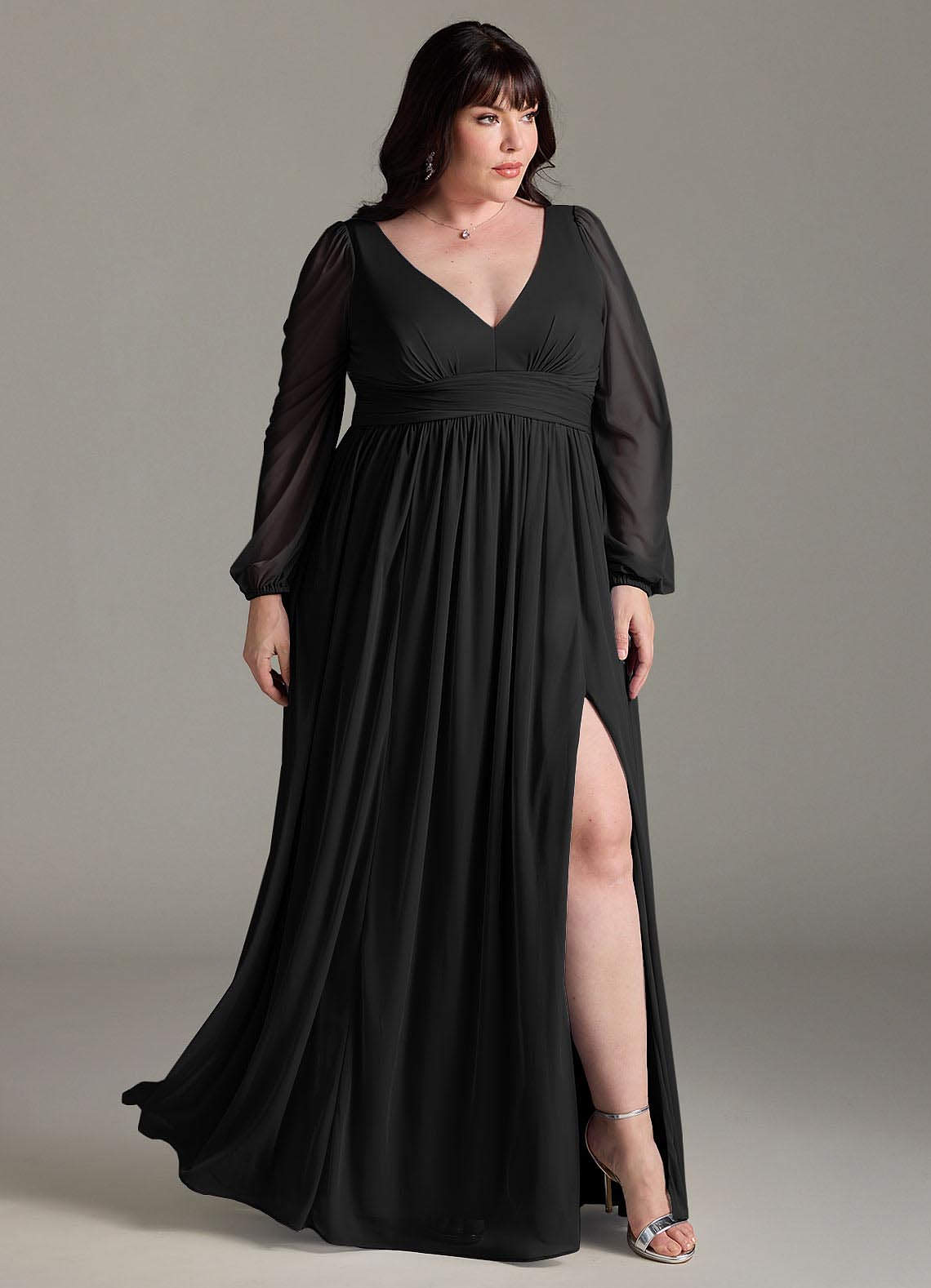 Azazie Norah At-home Try On Dresses Black A-Line V-Neck Long Sleeve Chiffon Dress image8
