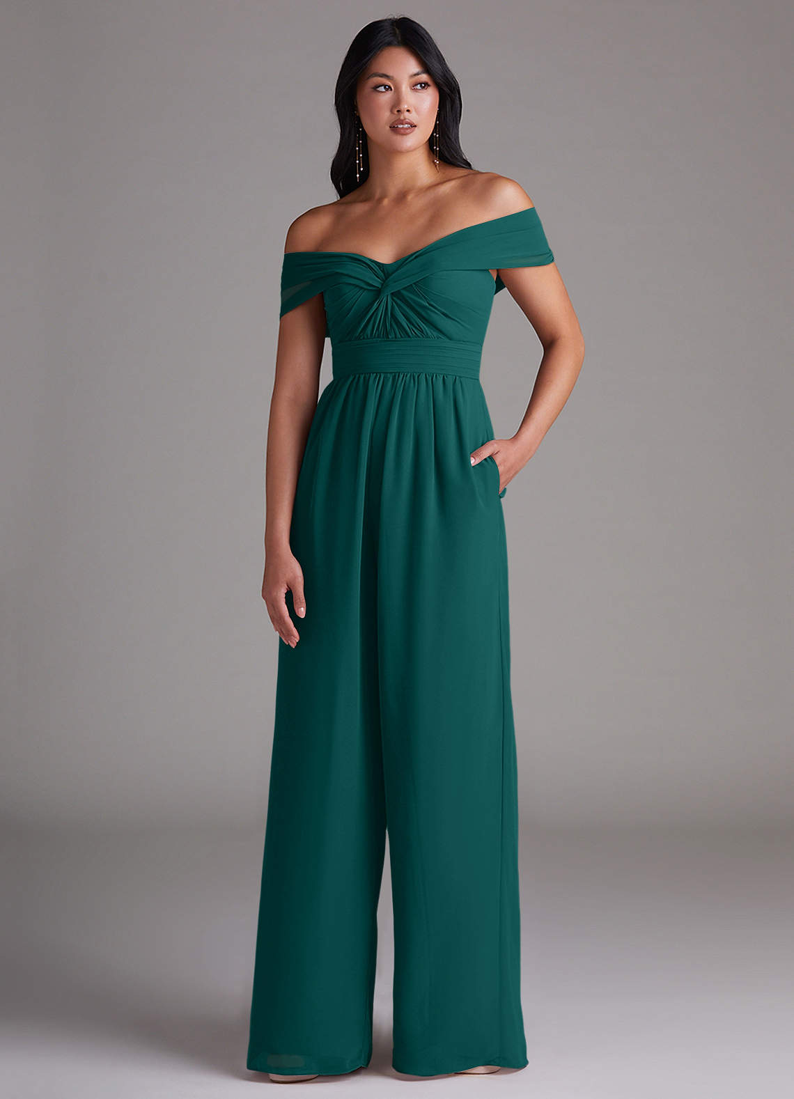 Azazie Lamara Bridesmaid Dresses Peacock Off the Shoulder Chiffon Convertible Jumpsuit image1