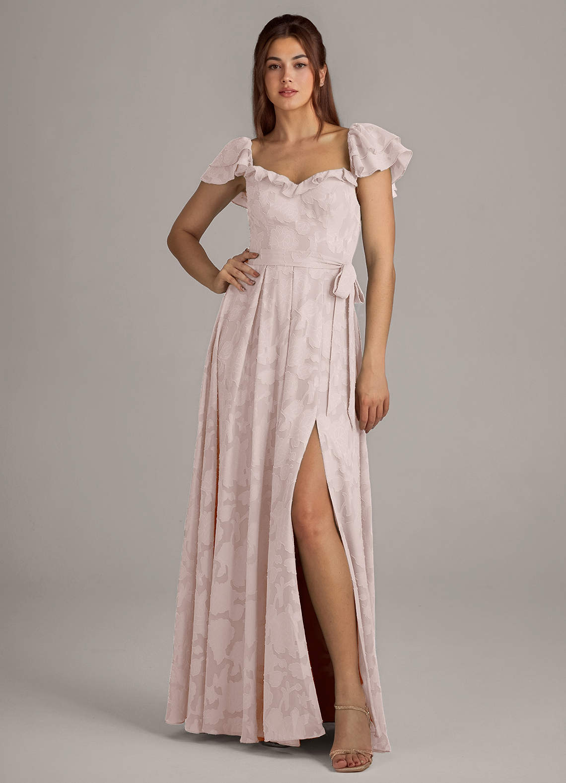 Azazie Aricella Bridesmaid Dresses Blushing Pink A-Line Corset Floral Burnout Dress image1