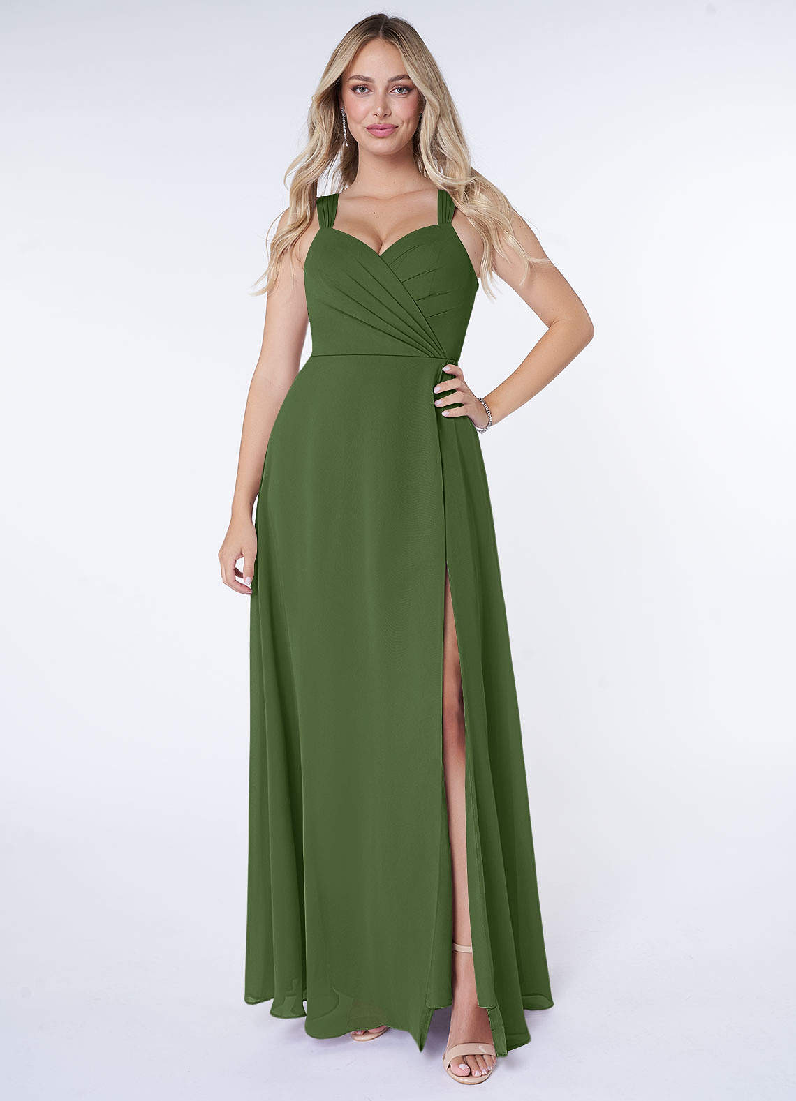 Azazie Nahrin Abiti da Damigella Abito A-Line in Chiffon con Scollo a V a Pieghe Oliva image1