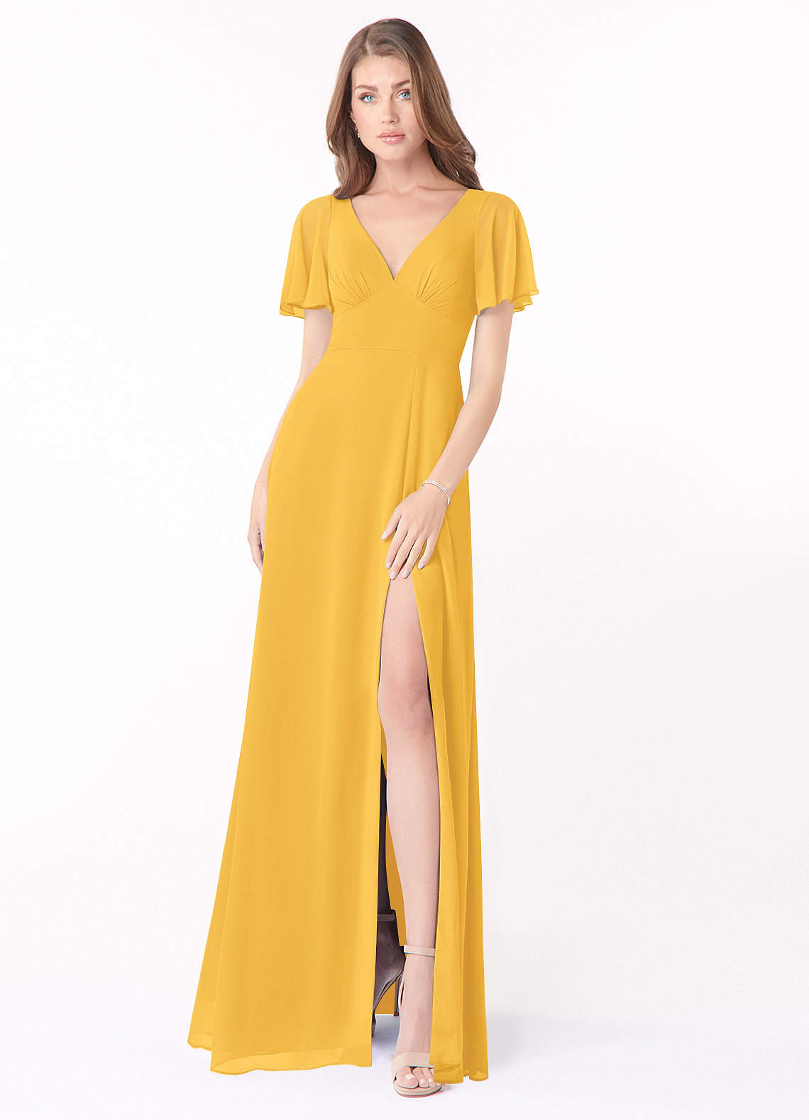 Azazie Kimber Bridesmaid Dresses Marigold A-Line Flounce Sleeve Chiffon Dress image1