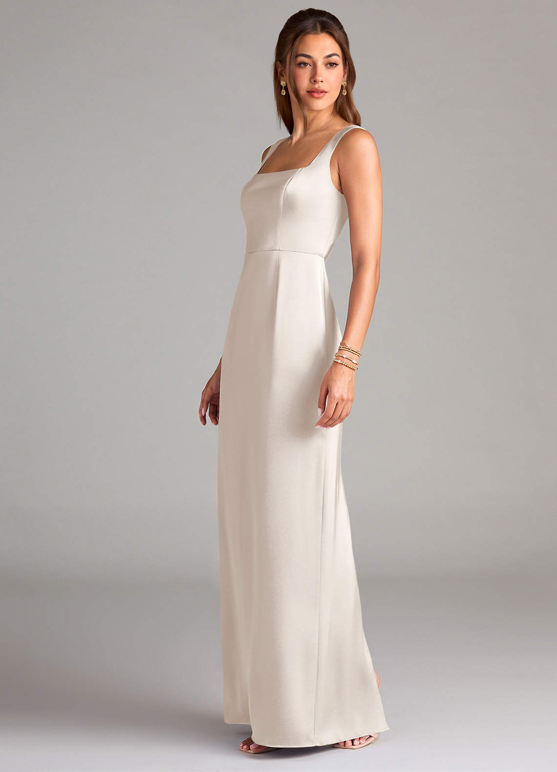 azazie white alabaster bridesmaid dress Sheath Square Neck Floor-Length Stretch Satin Dresses Short Dresses – Ribbon RUNS_LARGE The fitted skirt gently Color:Indian