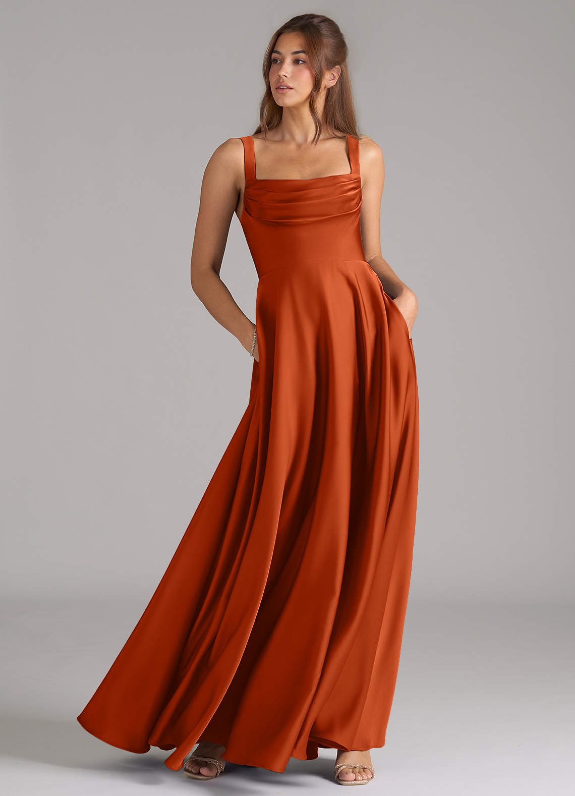 Azazie Shaude Bridesmaid Dresses Burnt Orange A-Line Pleated Stretch Satin Dress image2