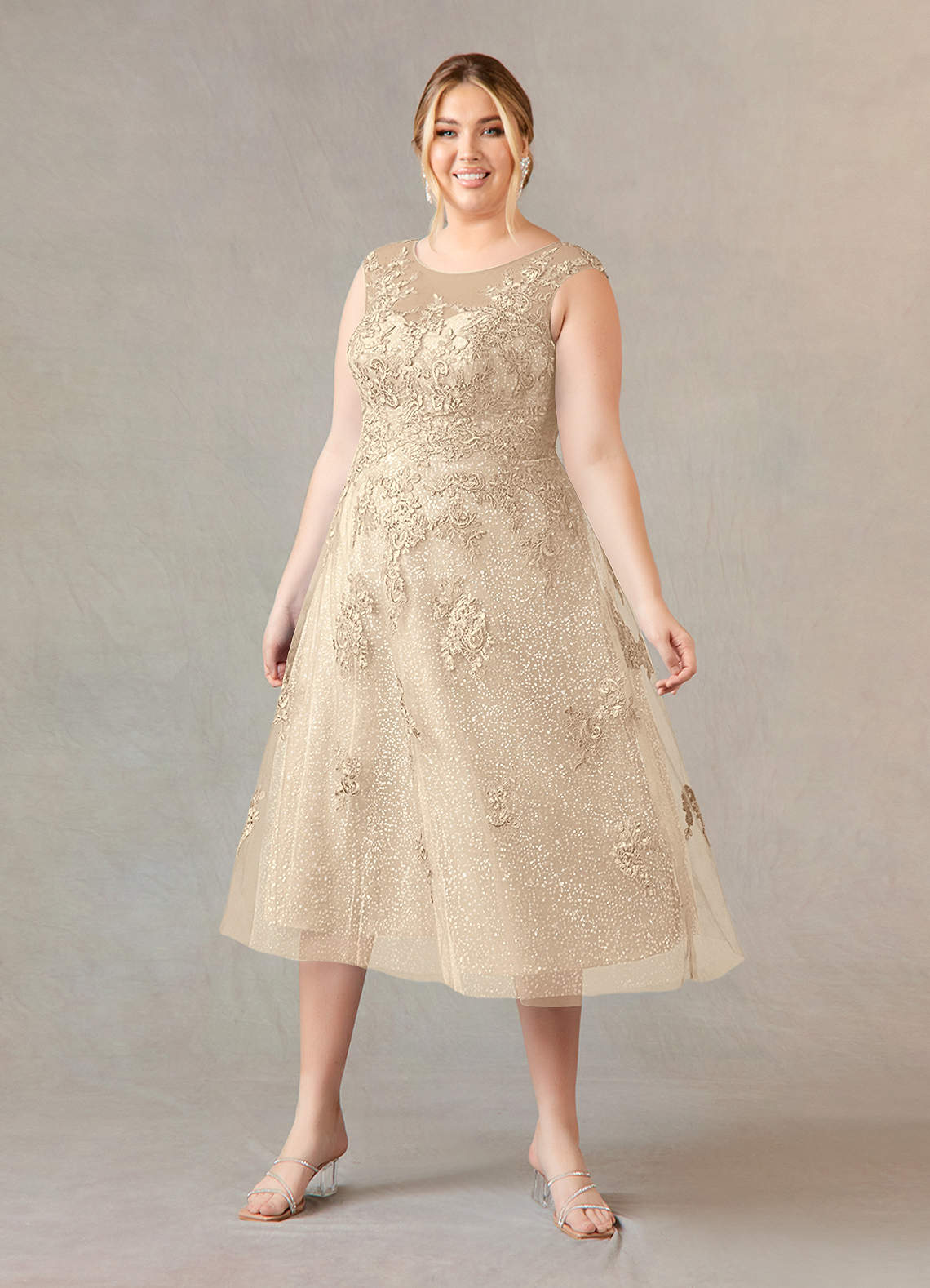Azazie Flynn vestidos de madre de la novia Vestido de Champán de Tul de Corte En A con Cuello barco encaje image1