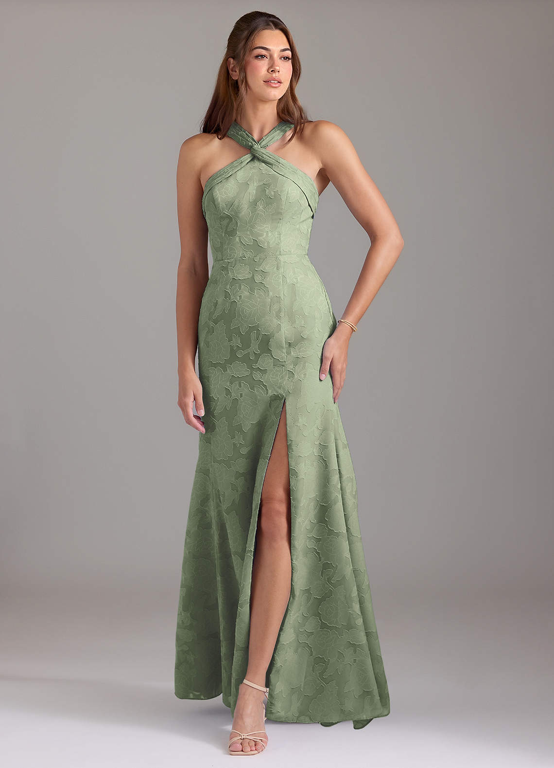 Azazie Rue Bridesmaid Dresses Agave A-Line Pleated Floral Burnout Dress image1