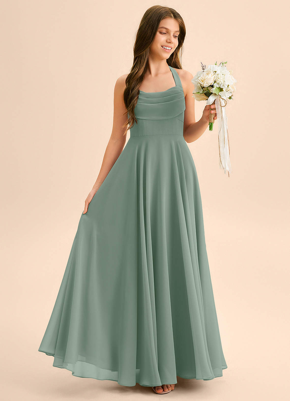 Azazie Kady Junior A-Linie Herzausschnitt Chiffon Kleid Silberner Salbei image4