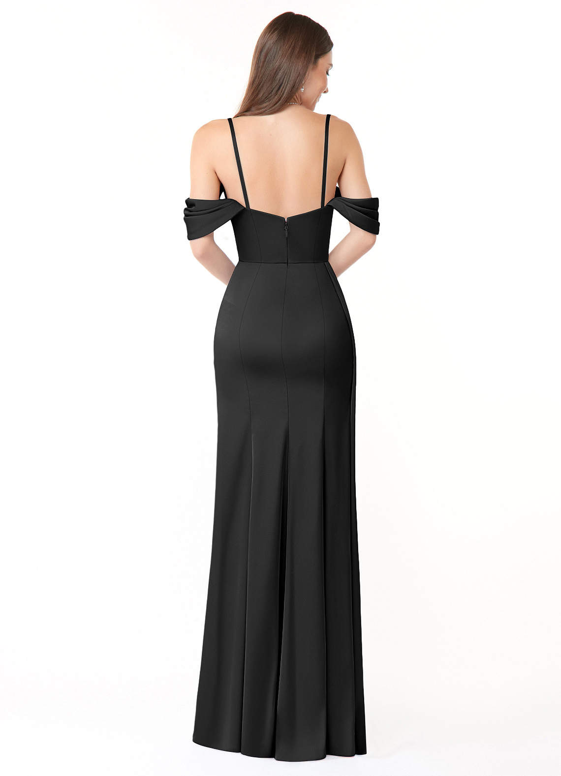 Azazie Amyra Bridesmaid Dresses Black Sheath Off the Shoulder Stretch Satin Convertible Dress image5