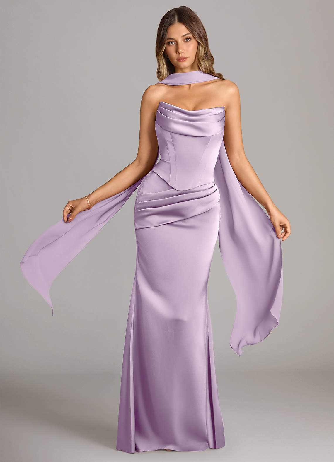 Azazie Sorrel Vestidos de damas de honor Vestido de Lila Esmerilada de Satén Elástico de Corte Sirena Convertible con Sin tirantes image1