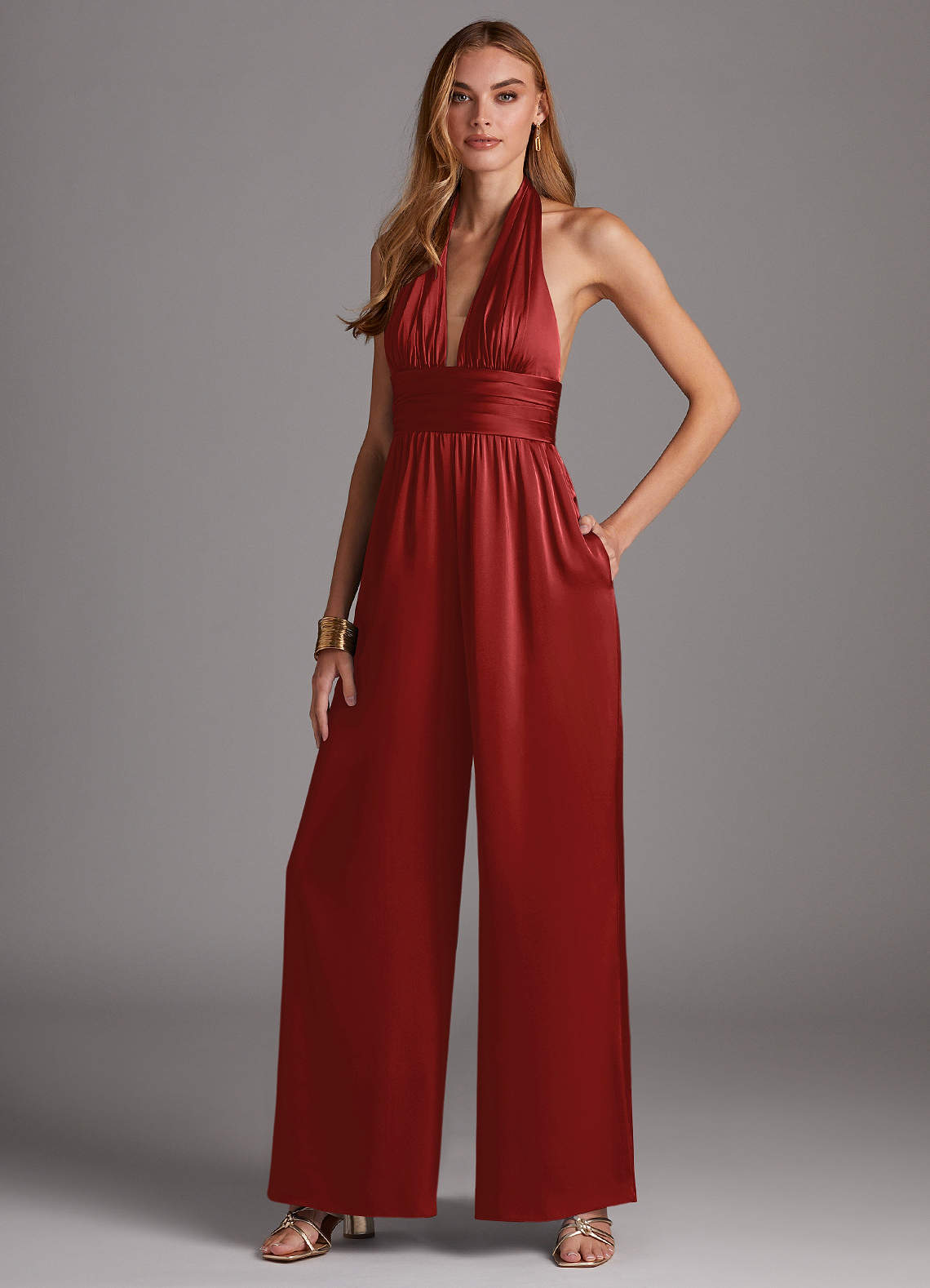 Azazie Oli Bridesmaid Dresses Pomegranate Pleated Stretch Satin Jumpsuit image1