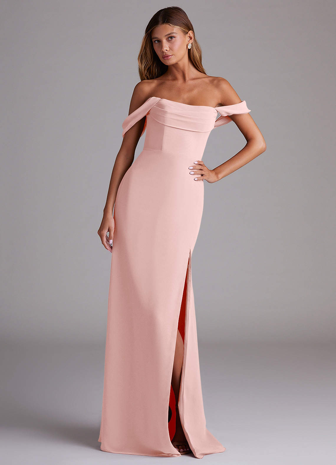 Azazie Saige Bridesmaid Dresses Powder Pink A-Line Off the Shoulder Chiffon Convertible Dress image3