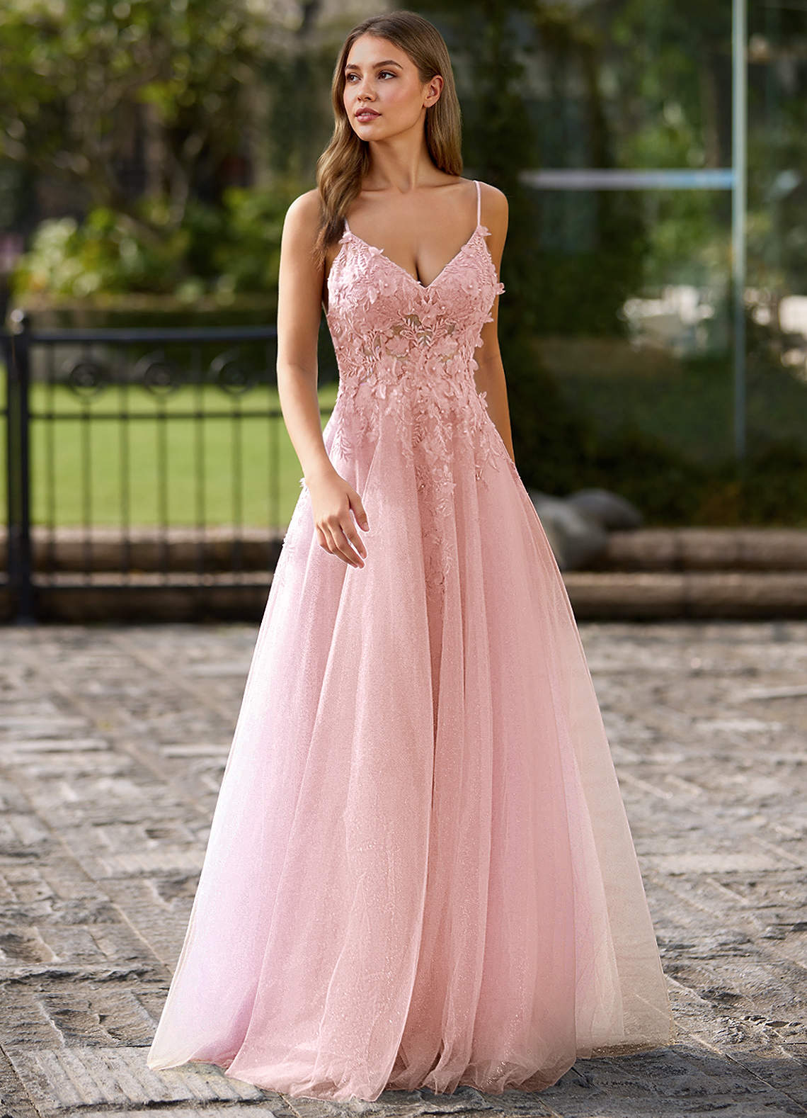 Azazie Pink Open Back 3D Flowers V Neck Formal Dress