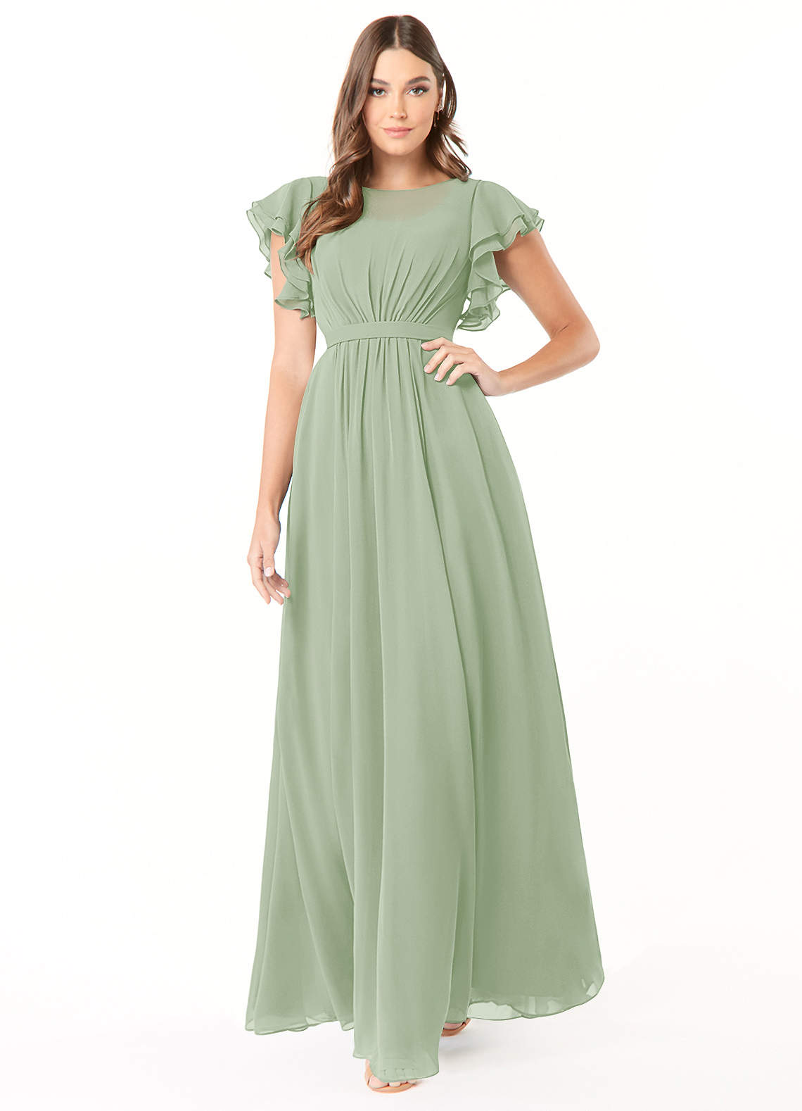 Azazie Daphne Modest Bridesmaid Dresses A-Line Ruffled Chiffon Floor-Length Dress image4