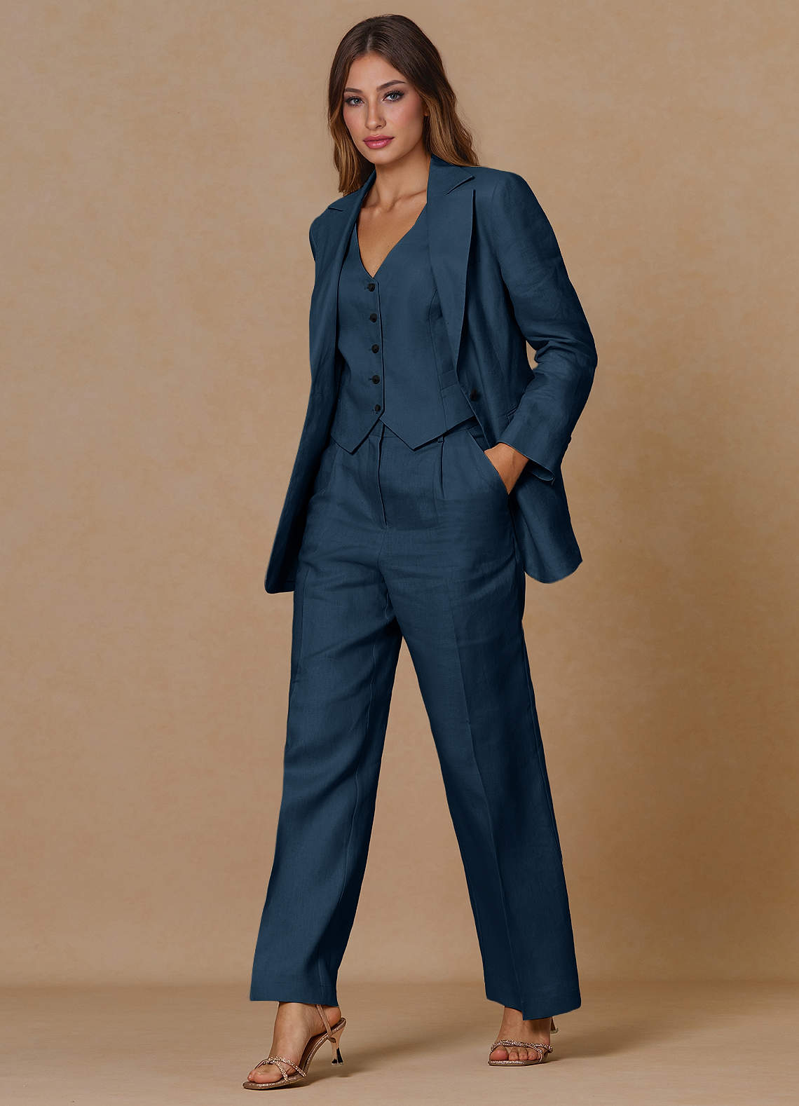 front Belicia Dark Navy 100% Linen 3-Piece Suit