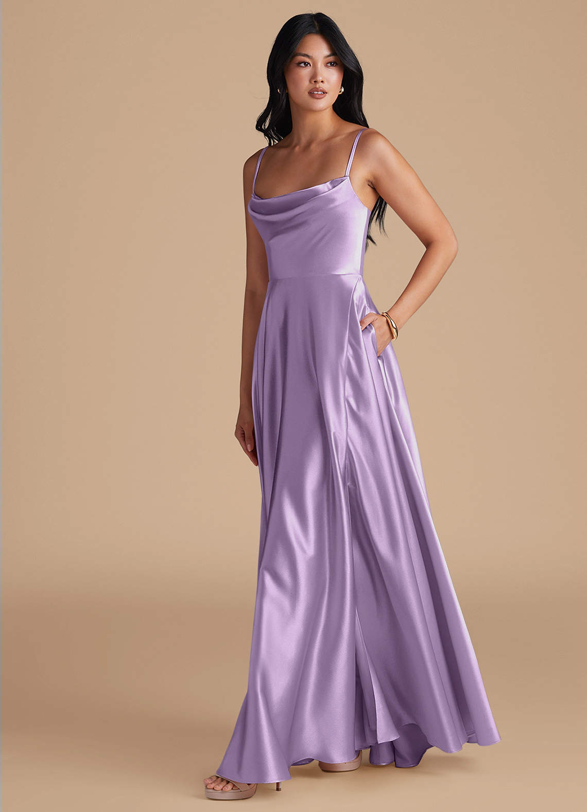 Azazie Elle Bridesmaid Dresses Lilac A-Line with Pockets Metallic Satin Dress image5